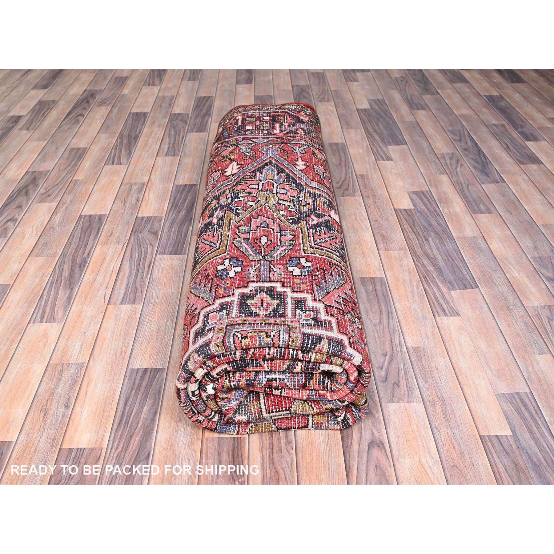 9'1"x11'4" Tomato Red, Hand Woven, Semi Antique Persian Heriz with Village Motif, Good Condition, Rustic Look, Worn Wool, Oriental Rug 