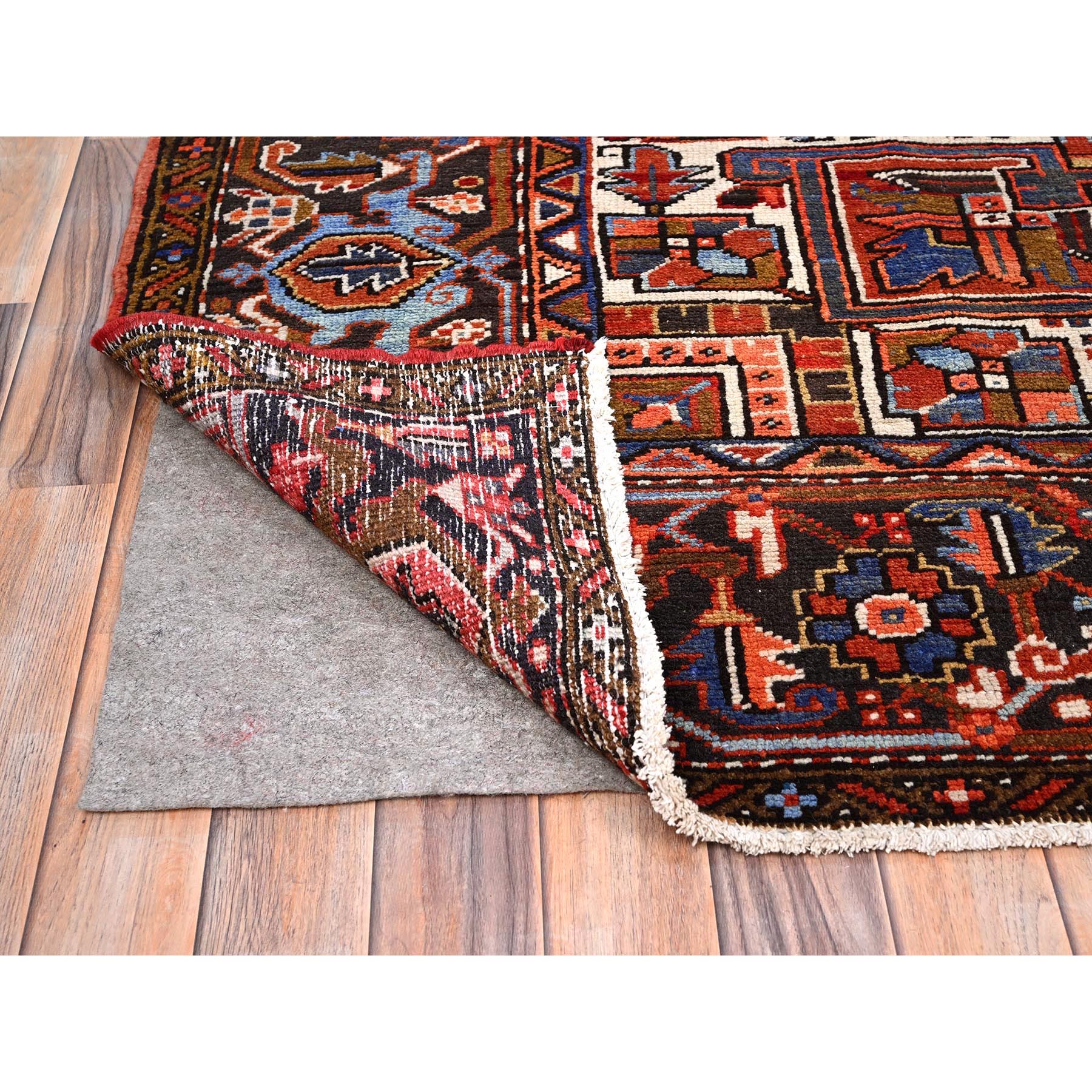 9'1"x11'4" Tomato Red, Hand Woven, Semi Antique Persian Heriz with Village Motif, Good Condition, Rustic Look, Worn Wool, Oriental Rug 