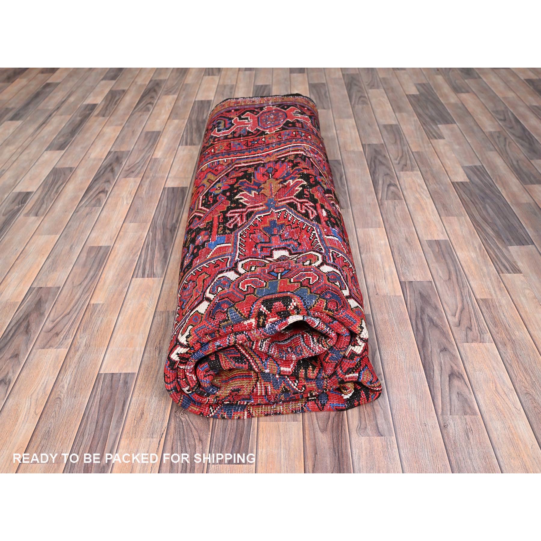 9'8"x13' Imperial Red, Pure Wool, Hand Woven, Semi Antique Persian Heriz, Good Condition, Distressed Feel, Evenly Worn, Oriental Rug 