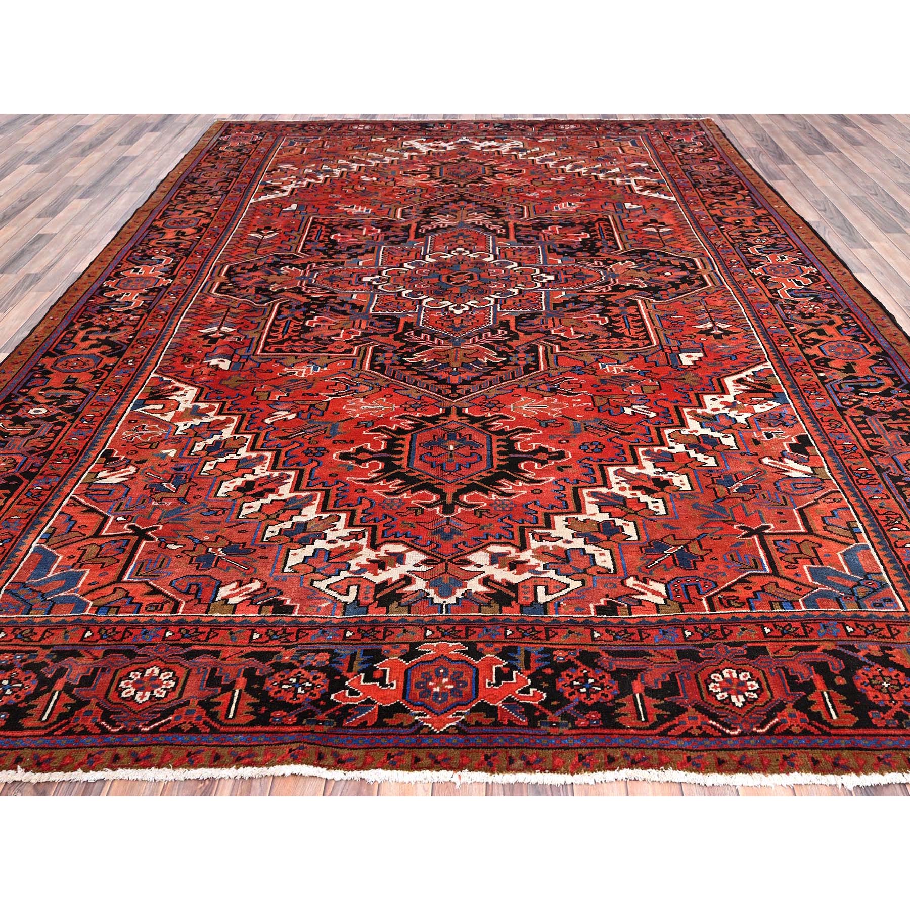 9'8"x13' Imperial Red, Pure Wool, Hand Woven, Semi Antique Persian Heriz, Good Condition, Distressed Feel, Evenly Worn, Oriental Rug 