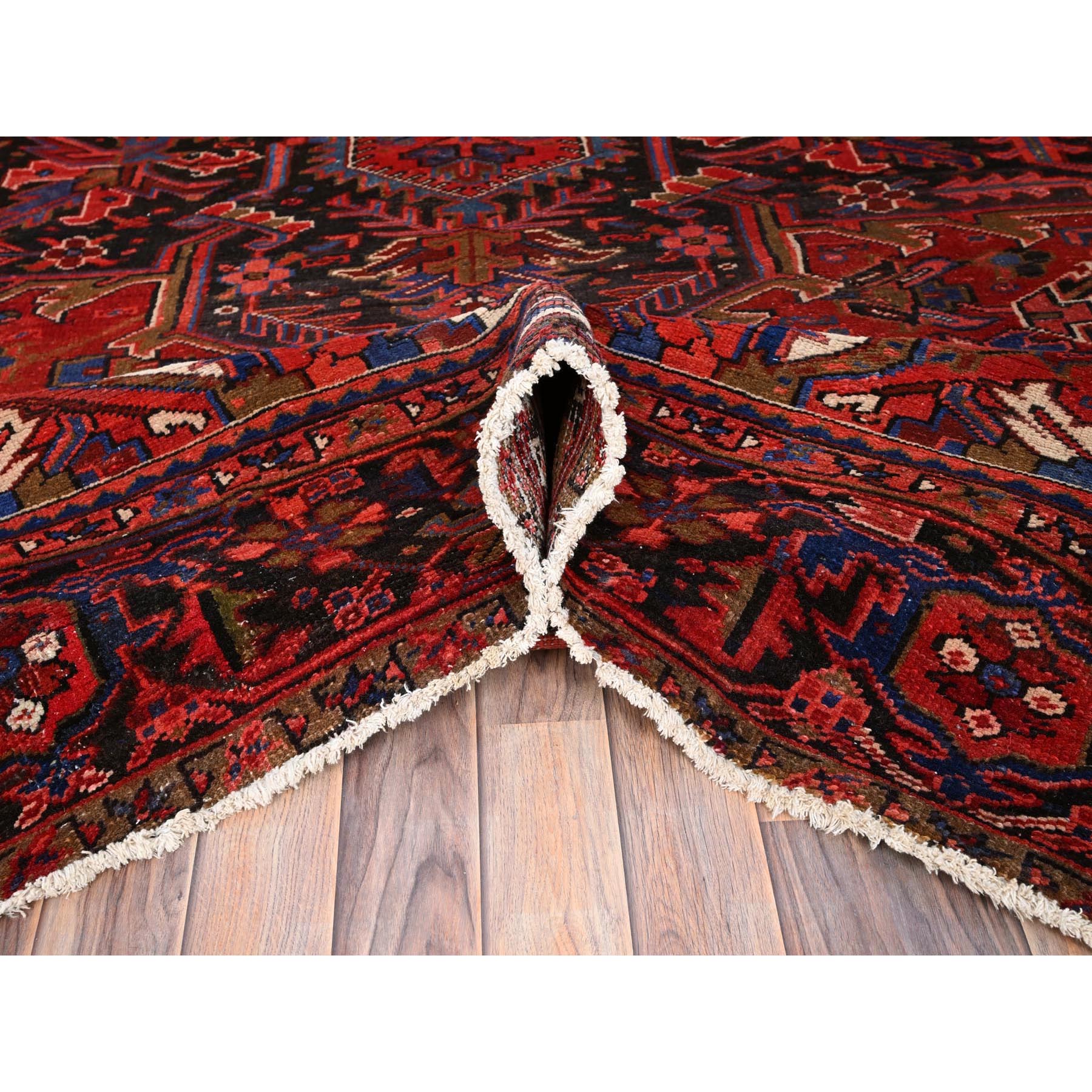 10'2"x13'1" Imperial Red, Hand Woven, Semi Antique Persian Heriz with Tribal Ambience, Good Condition, Distressed Look, Pure Wool, Oriental Rug 