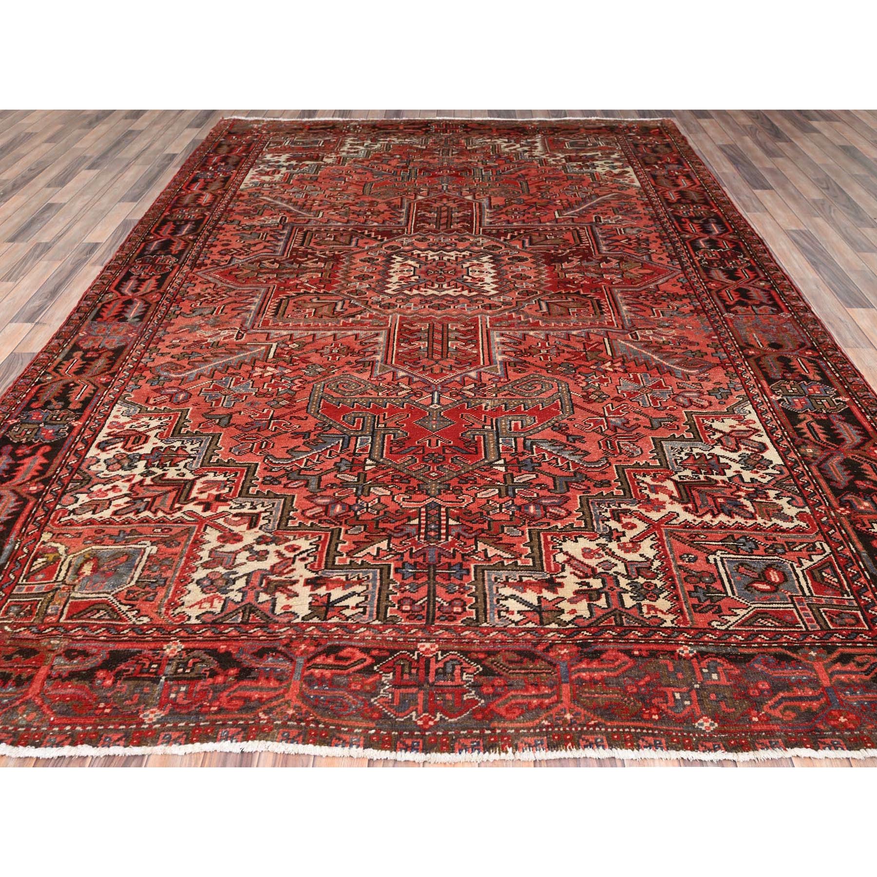 8'2"x11'6" Salmon Red, Rustic Look, Worn Wool, Hand Woven, Semi Antique Persian Heriz with Tribal Ambience, Good Condition, Oriental Rug 