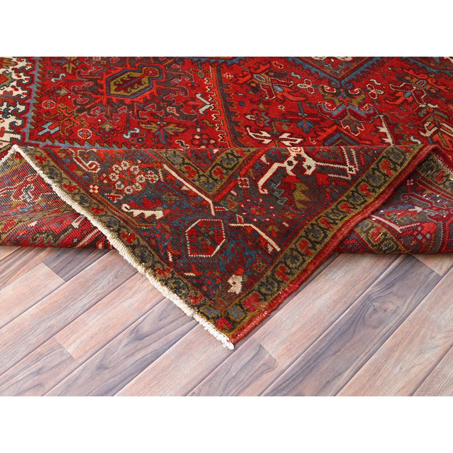 8'4"x10'10" Crimson Red, Good Condition, Distressed Feel, Evenly Worn, Pure Wool, Hand Woven, Vintage Persian Heriz with Geometric Pattern, Oriental Rug 
