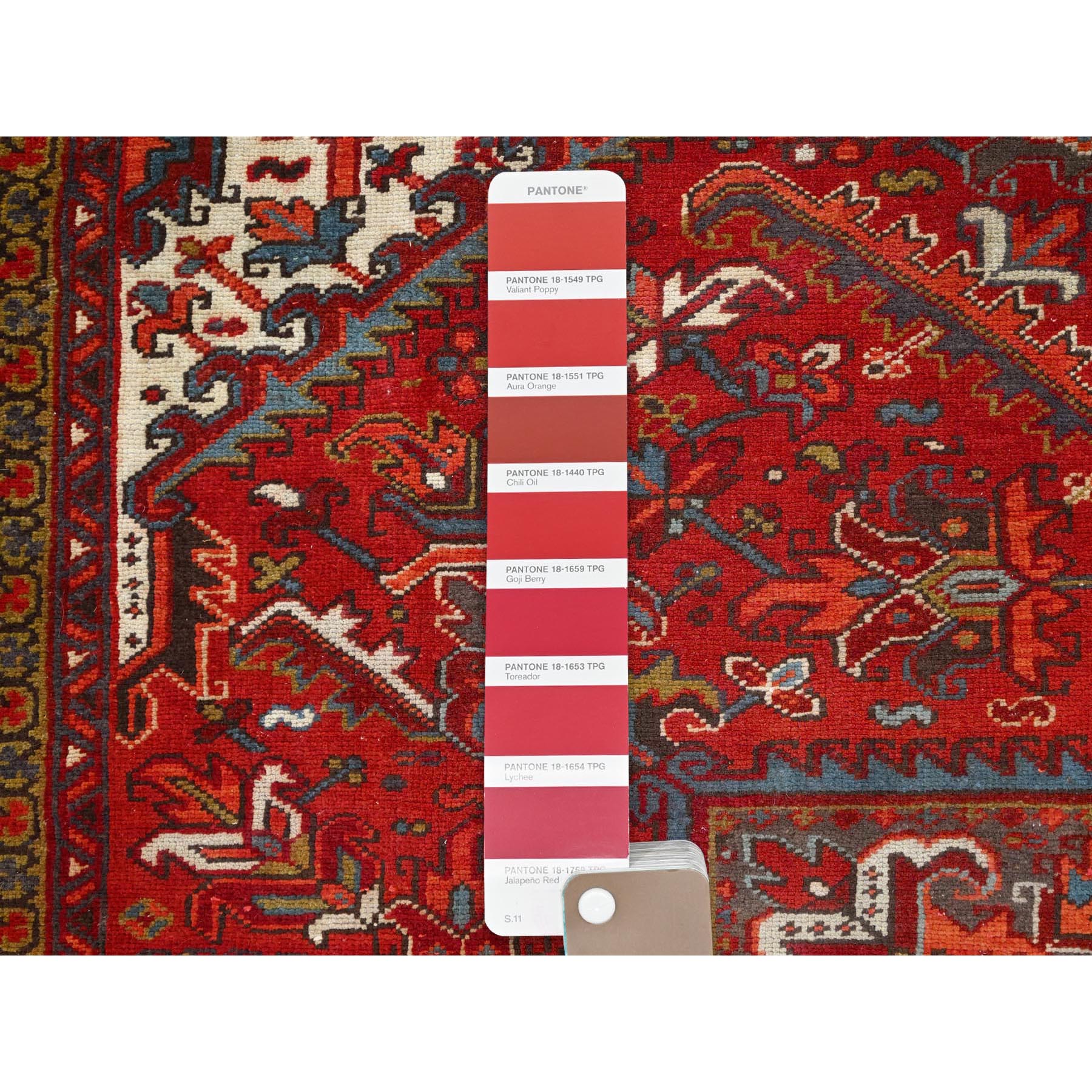 8'4"x10'10" Crimson Red, Good Condition, Distressed Feel, Evenly Worn, Pure Wool, Hand Woven, Vintage Persian Heriz with Geometric Pattern, Oriental Rug 