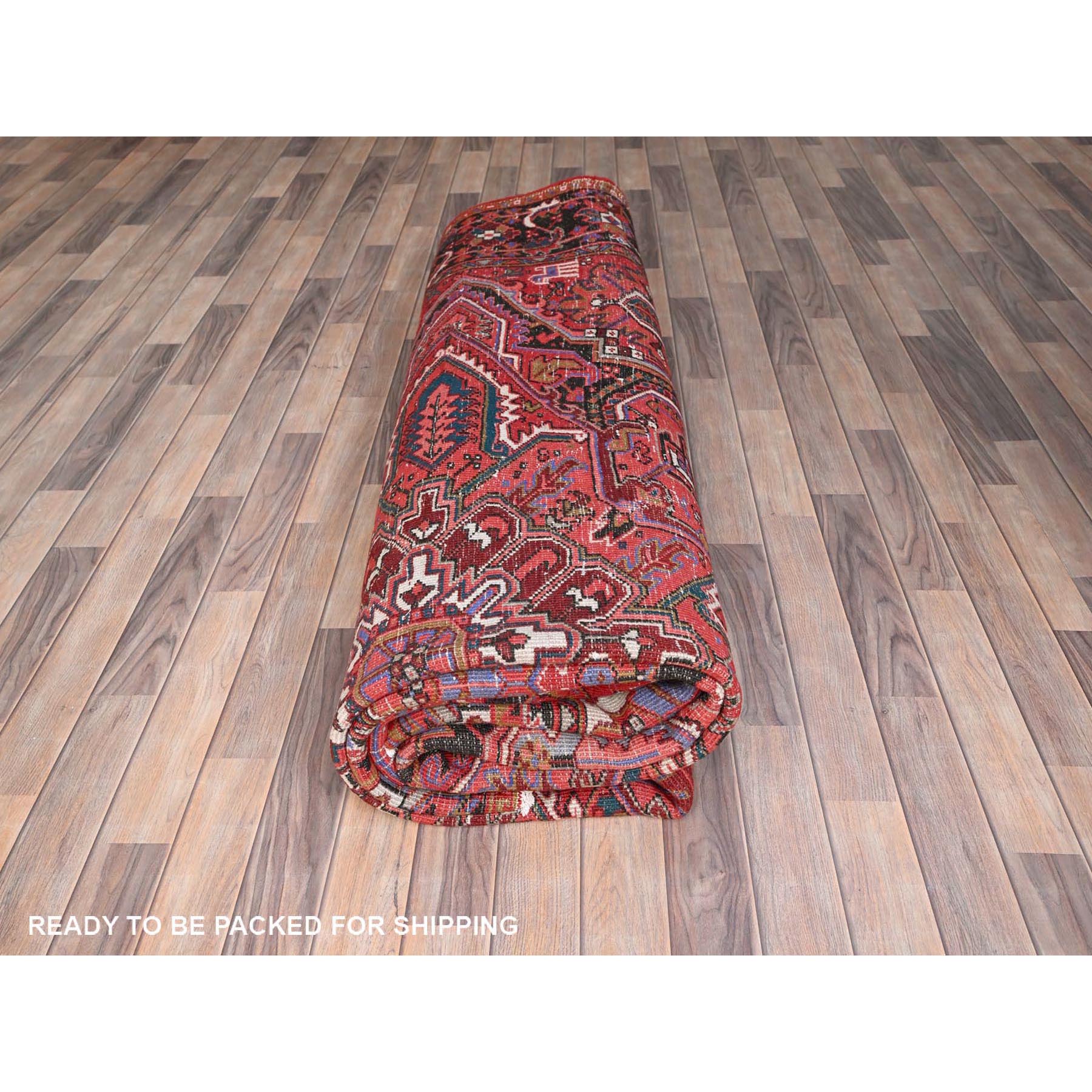 10'1"x13'2" Chili Red, Semi Antique Persian Heriz, Good Condition, Rustic Feel, Worn Wool, Hand Woven, Oriental Rug 