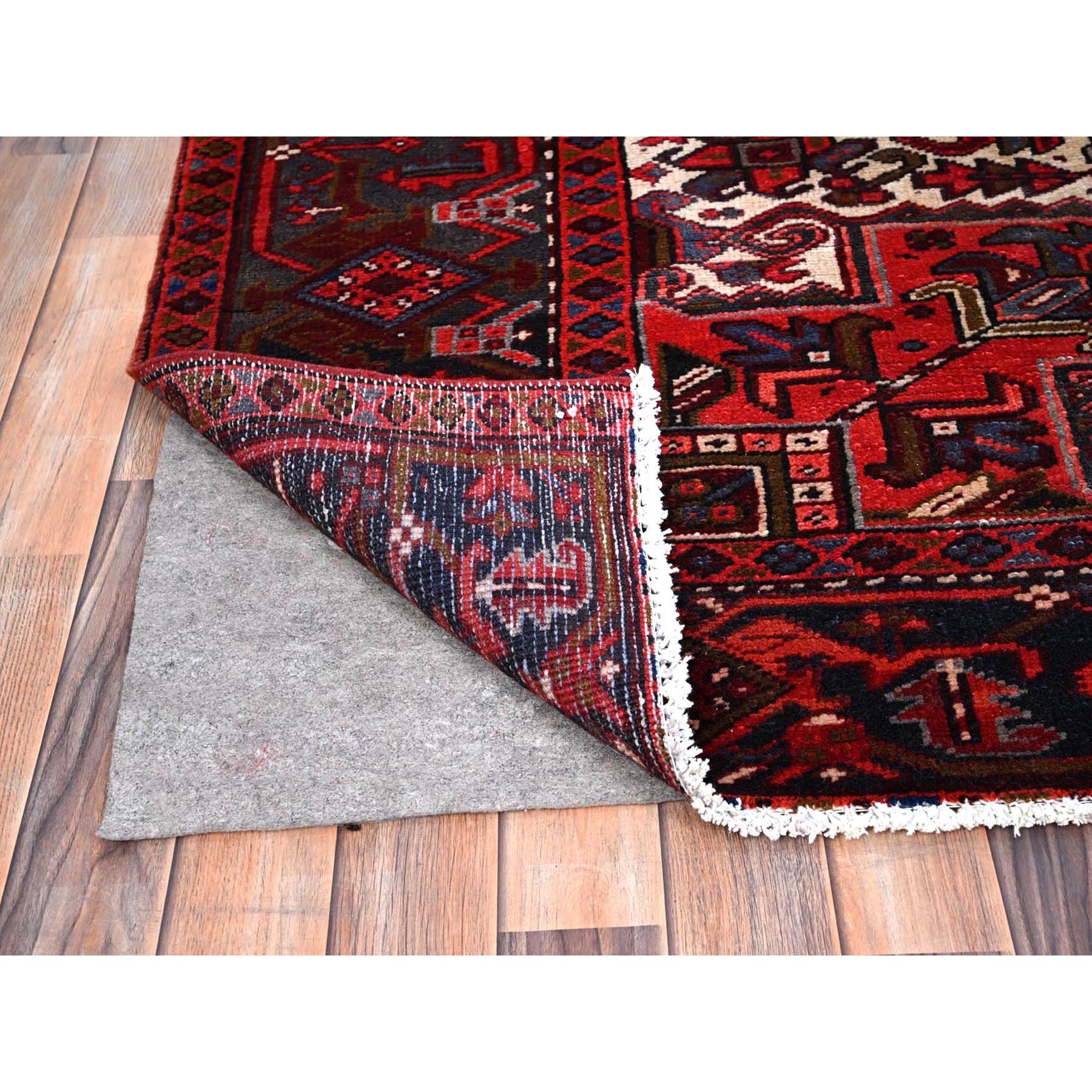 8'2"x11'3" Crimson Red, Good Condition, Distressed Feel, Evenly Worn, Pure Wool, Hand Woven, Semi Antique Persian Heriz with Tribal Ambience, Oriental Rug 