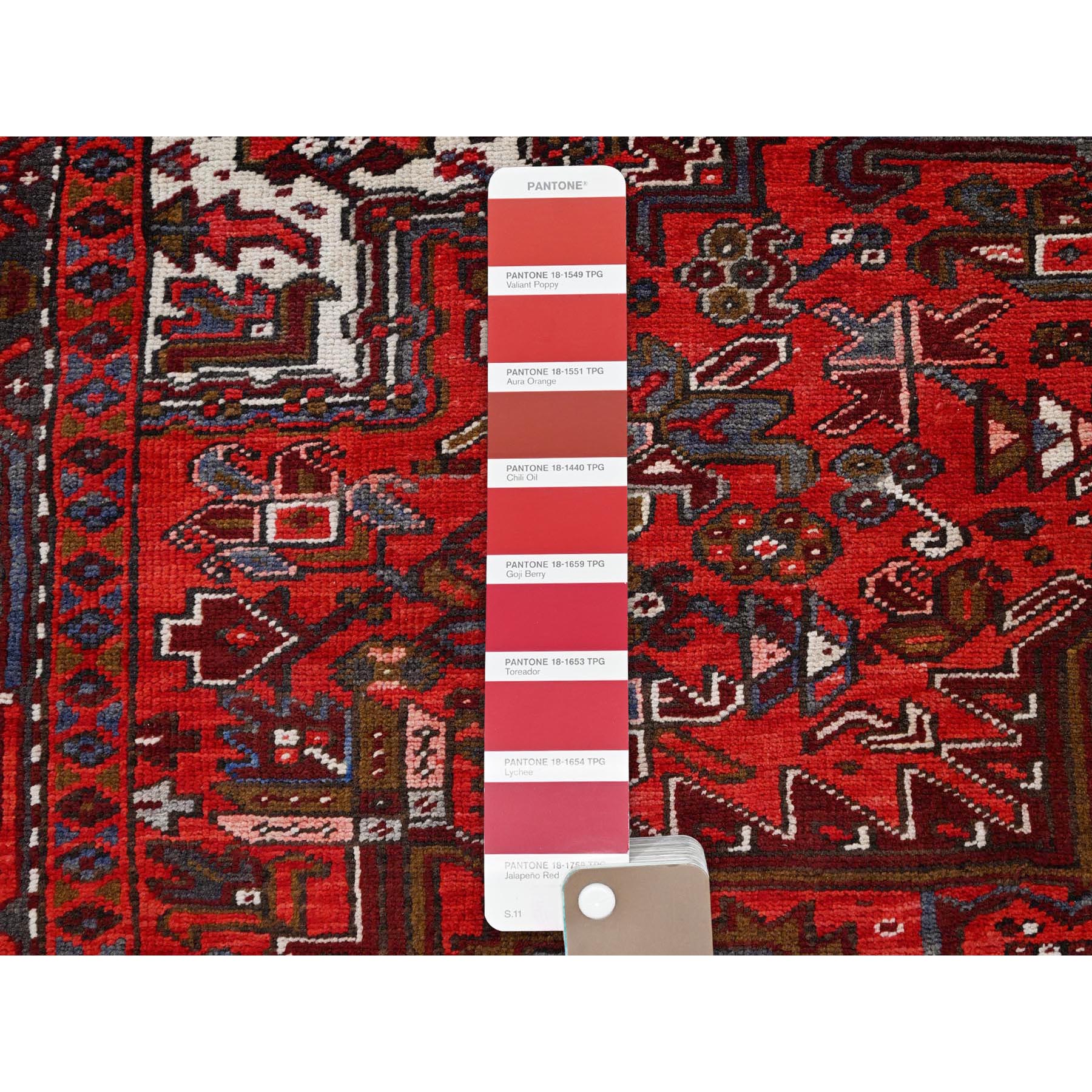 8'2"x11'3" Crimson Red, Good Condition, Distressed Feel, Evenly Worn, Pure Wool, Hand Woven, Semi Antique Persian Heriz with Tribal Ambience, Oriental Rug 