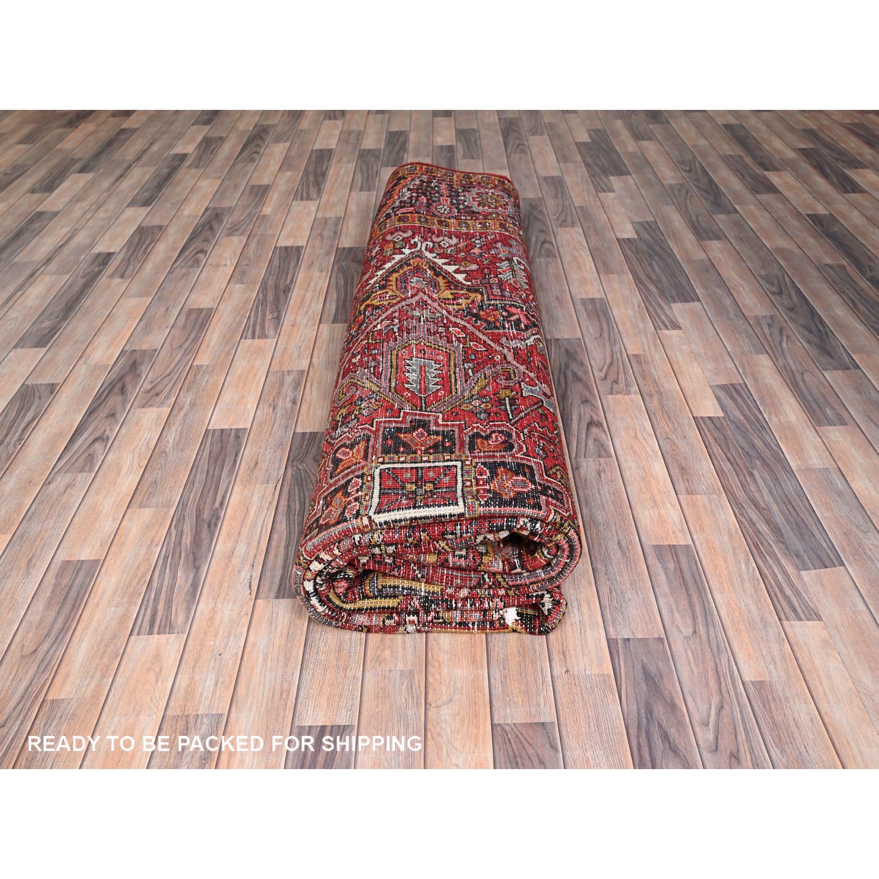 10'3"x13' Turkey Red, Rustic Look, Worn Wool, Hand Woven, Semi Antique Persian Heriz with Geometric Pattern, Good Condition, Oriental Rug 