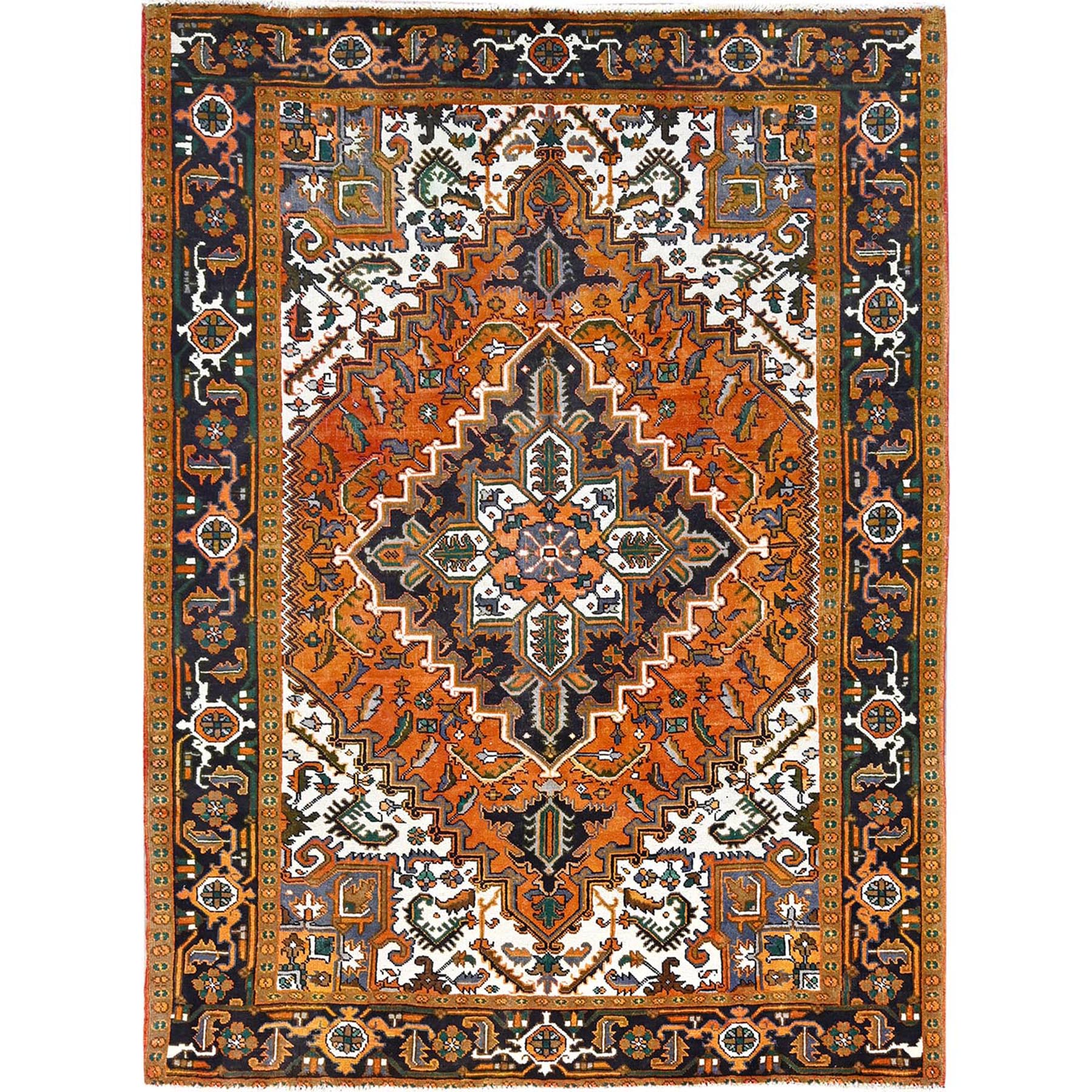6'8"x9' Halloween Orange, Evenly Worn, Pure Wool, Hand Woven, Semi Antique Persian Heriz with Geometric Pattern, Good Condition, Distressed Feel, Oriental Rug 