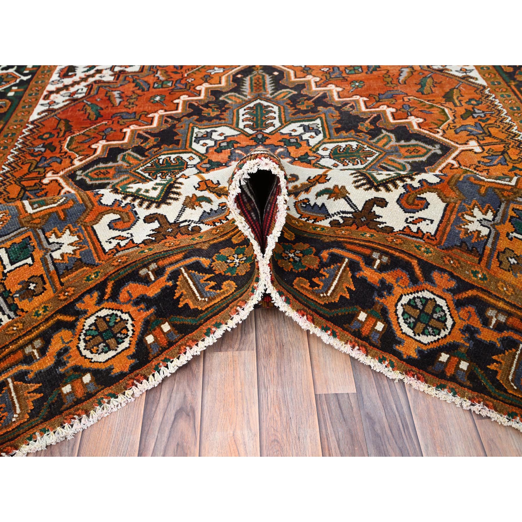 6'8"x9' Halloween Orange, Evenly Worn, Pure Wool, Hand Woven, Semi Antique Persian Heriz with Geometric Pattern, Good Condition, Distressed Feel, Oriental Rug 