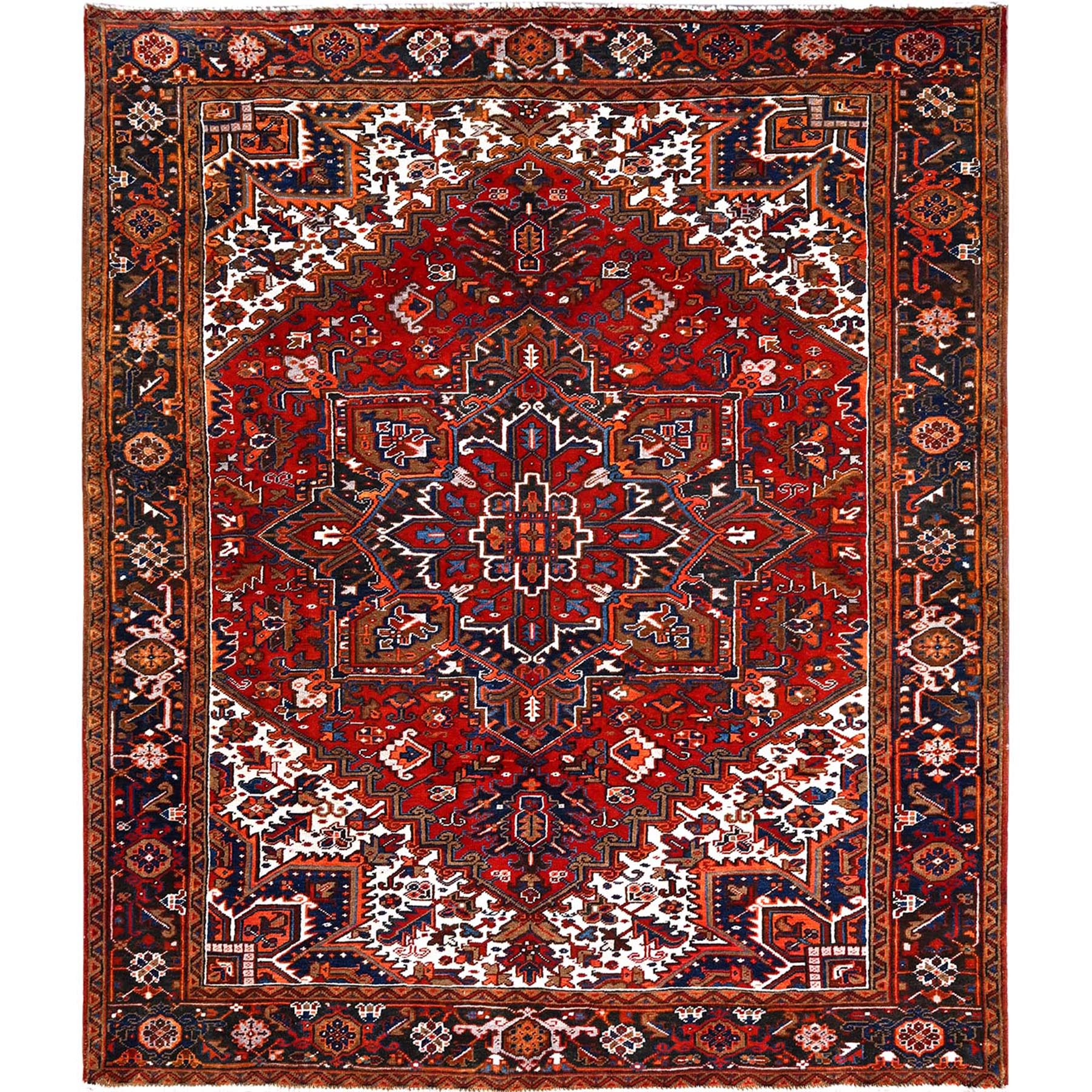 7'5"x8'10" Chili Red, Good Condition, Rustic Feel, Worn Wool, Hand Woven, Vintage Persian Heriz, Village Motif, Oriental Rug 