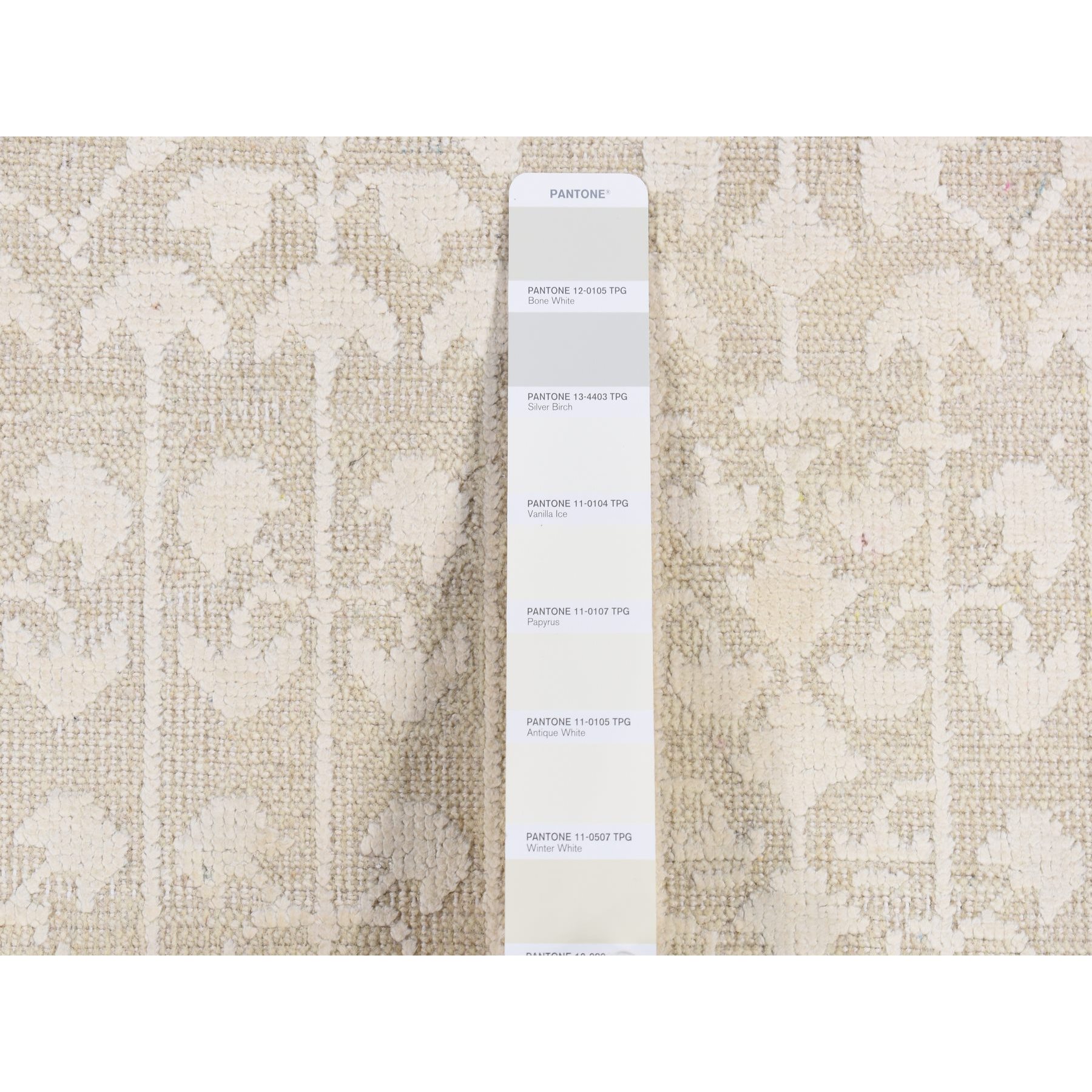 2'6"x11'8" Ivory, Hand Woven, Tone on Tone, Pure Silk with Textured Wool, Runner Oriental Rug 