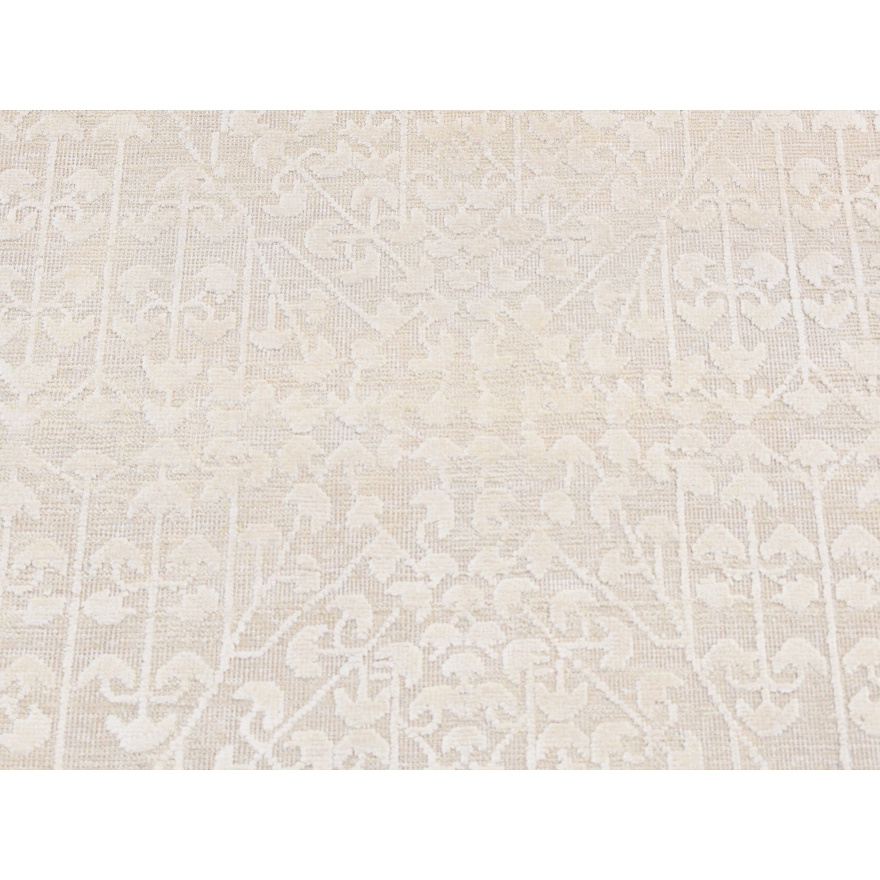 2'6"x11'8" Ivory, Hand Woven, Tone on Tone, Pure Silk with Textured Wool, Runner Oriental Rug 