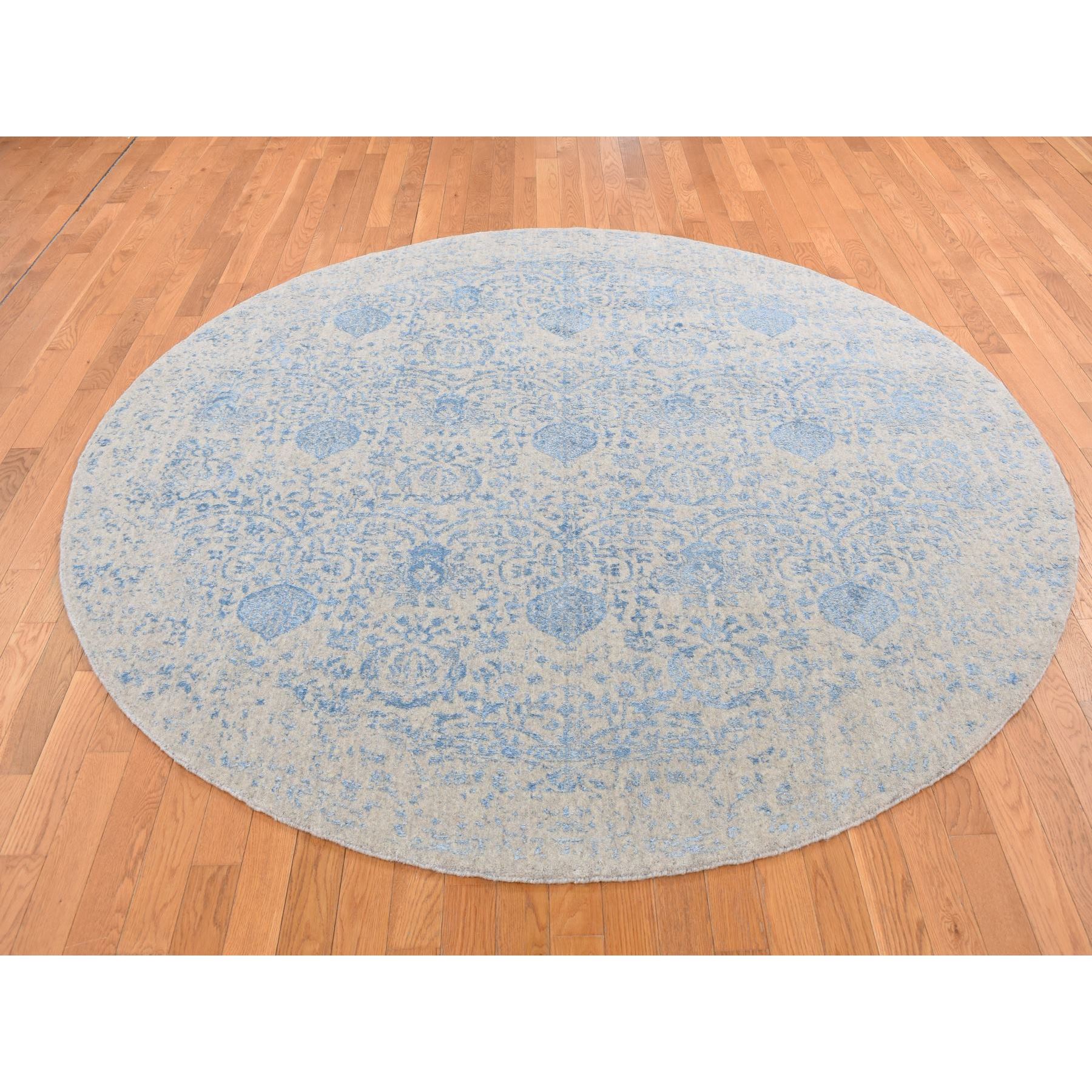 7'9"x7'9" Taupe Color, Broken and Erased Pomegranate Design, Tone on Tone, Jacquard Hand Loomed, Wool and Art Silk, Round Oriental Rug 