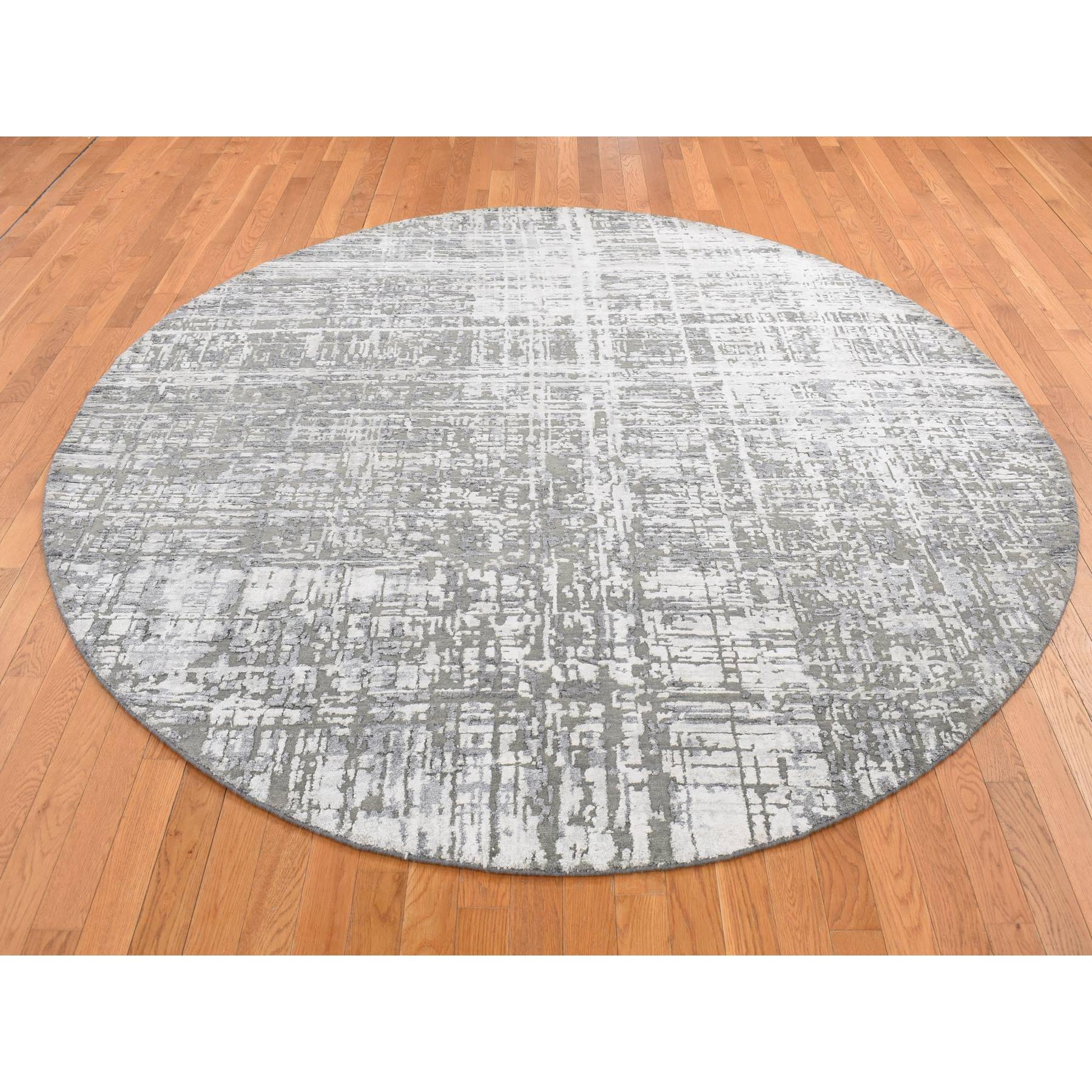 8'2"x8'2" Carbon Gray, Wool and Silk, Abstract Criss Cross Design, Hand Woven, Round Oriental Rug 