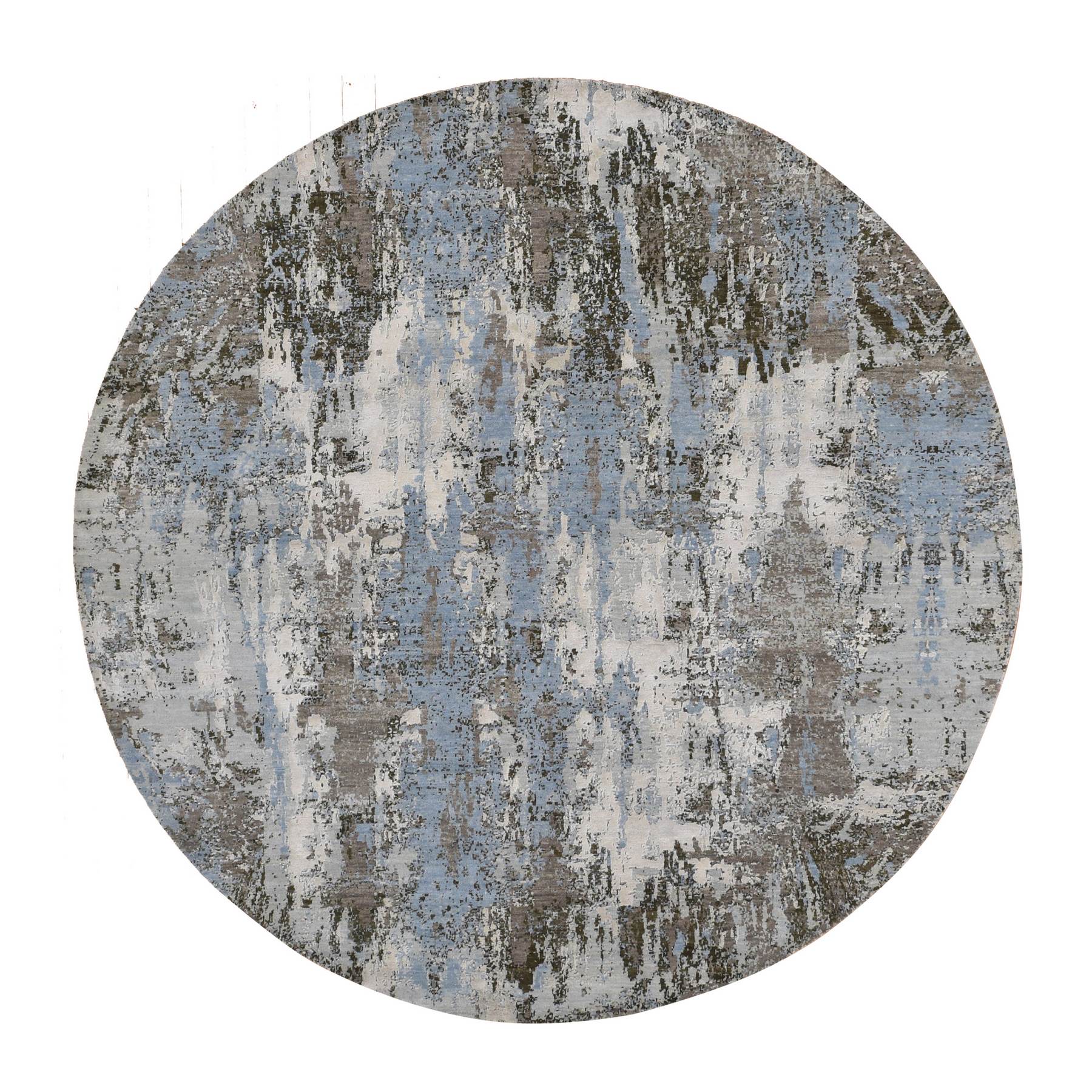 8'x8' Beau Blue, Abstract Design, Wool and Pure Silk, Hand Woven, Round Oriental Rug 