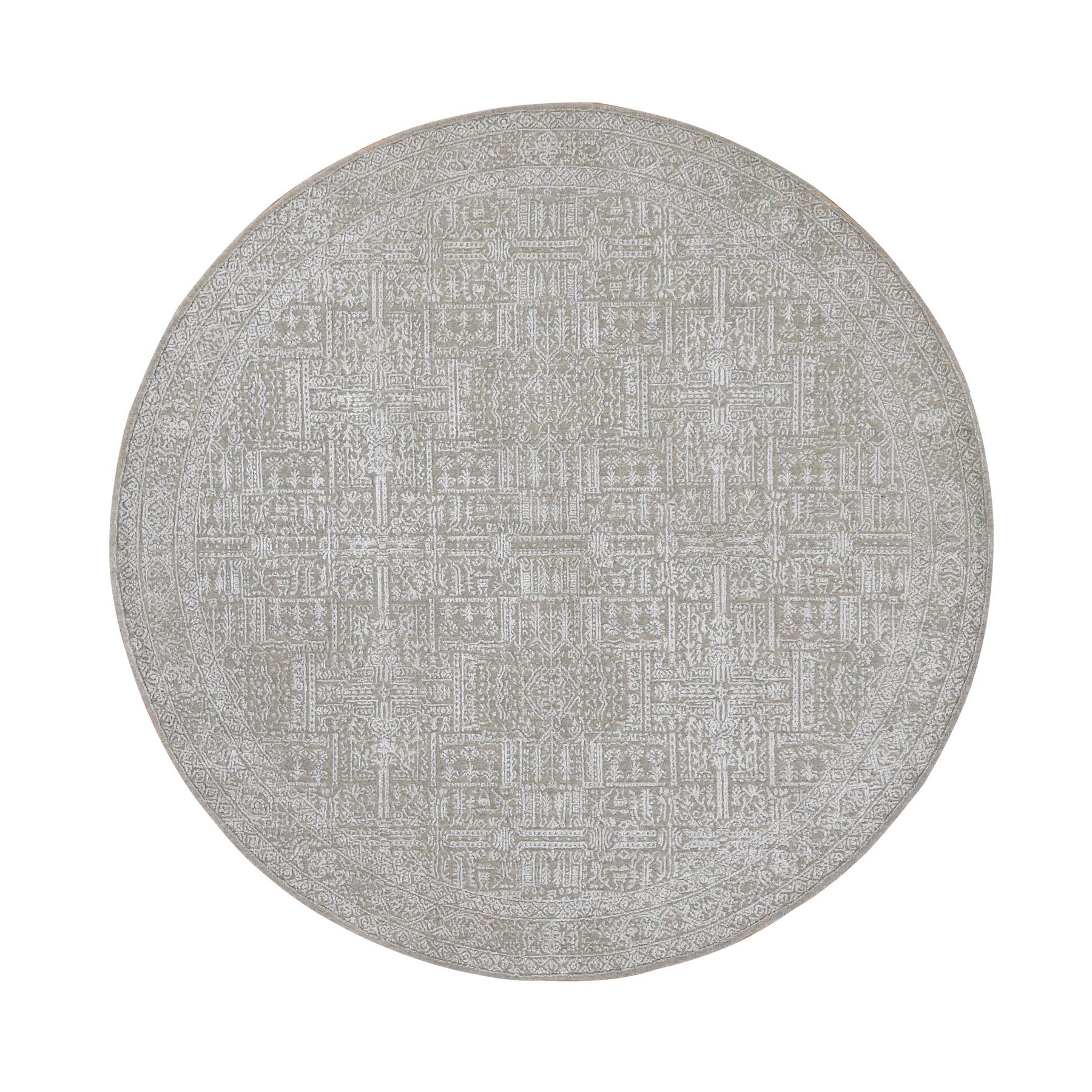 7'10"x7'10" Thunder Gray, Wool and Plant Based Silk, Hand Loomed, Fine Jacquard with Erased Design, Round Oriental Rug 