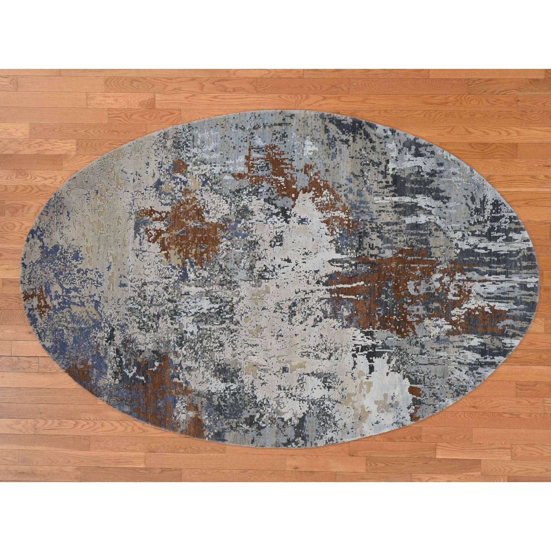 6'x9' Cinnamon Brown, Oval Abstract Galaxy Design, Wool and Pure Silk, Hand Woven, Round Oriental Rug 