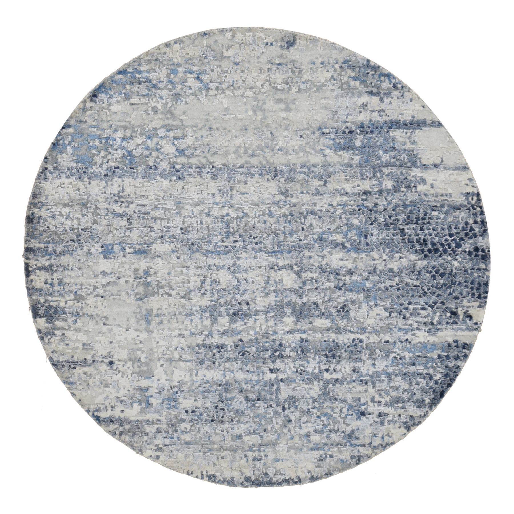 6'x6' Sky Blue, Broken Mosaic Design, Wool and Silk, Hand Woven, Round Oriental Rug 