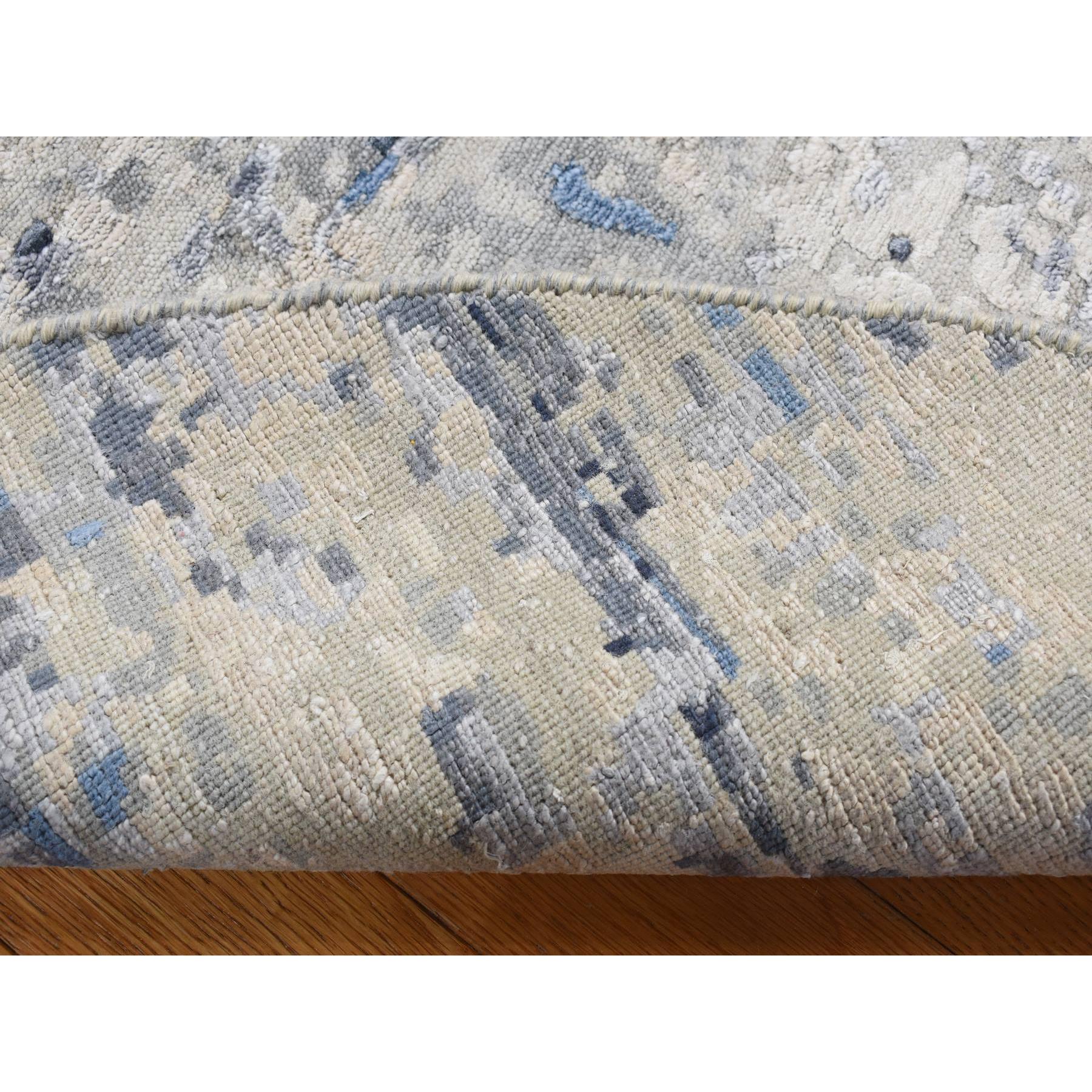 6'x6' Sky Blue, Broken Mosaic Design, Wool and Silk, Hand Woven, Round Oriental Rug 