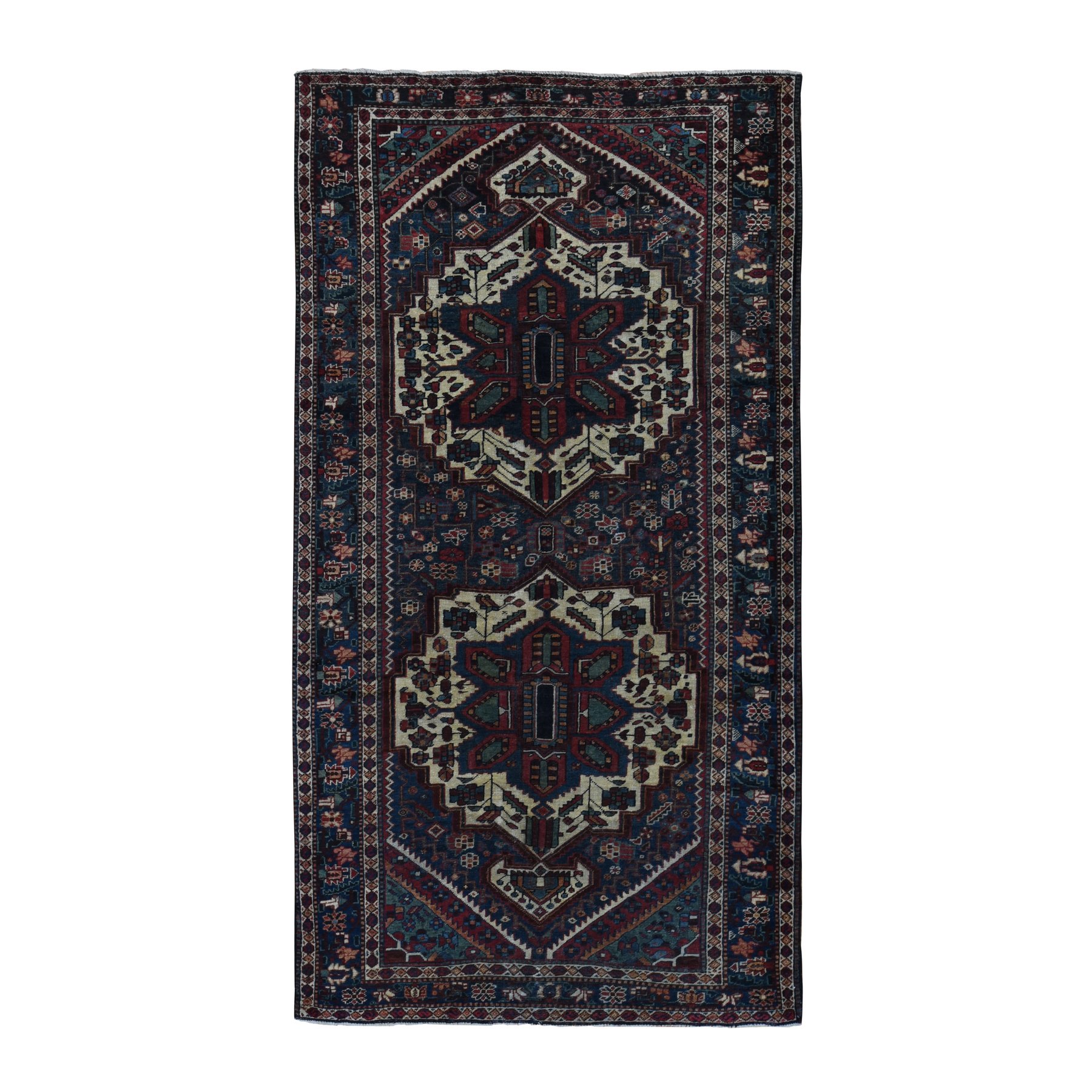 5'2"x9'9" Prussian Blue, Vintage Persian Bakhtiari, Even Wear, Pure Wool, Hand Woven, Wide Runner Oriental Rug 