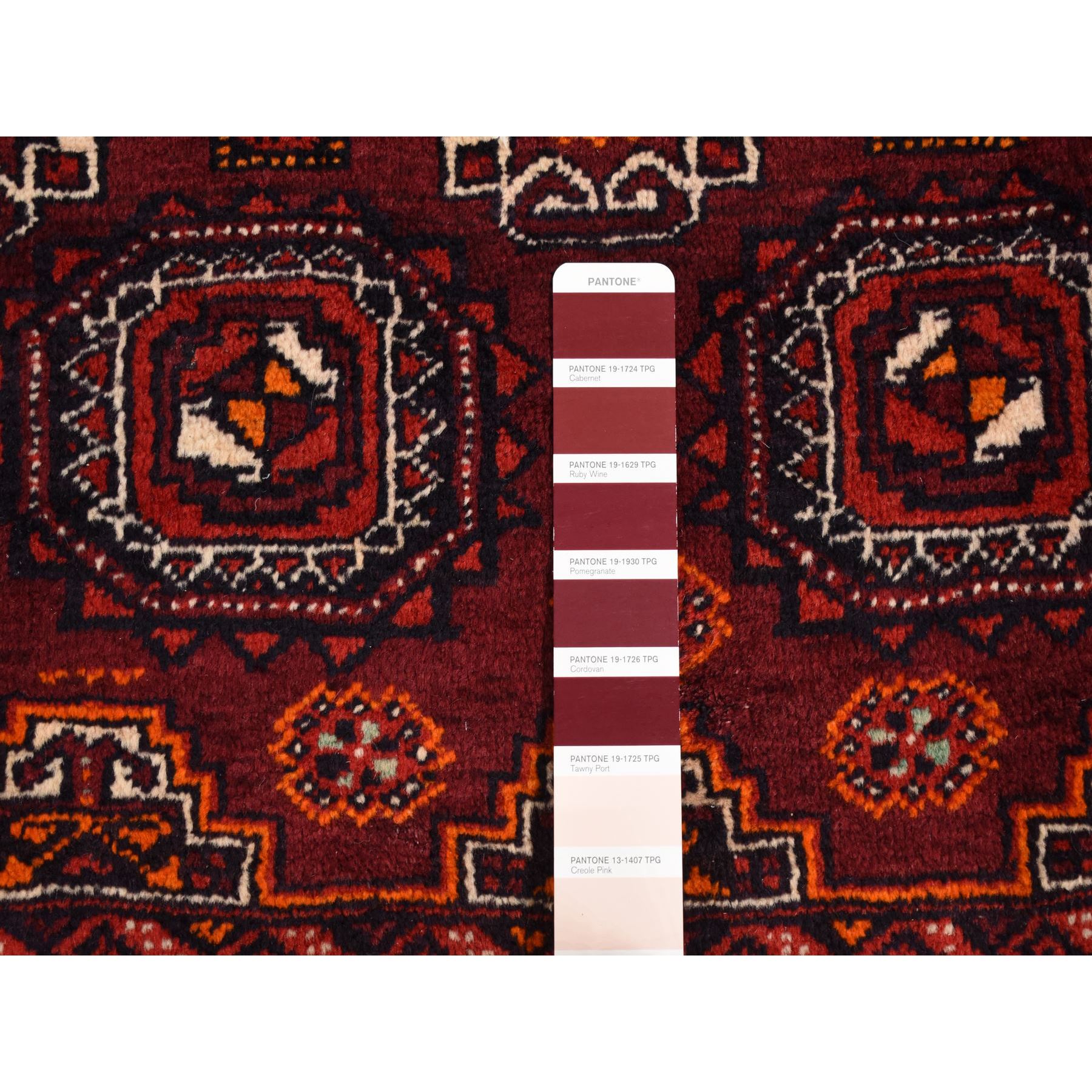 3'4"x5'10" Maroon Red, Vintage Tourkaman Bokara Gul Motif, Pure Wool, Hand Woven, Wide Runner Oriental Rug 