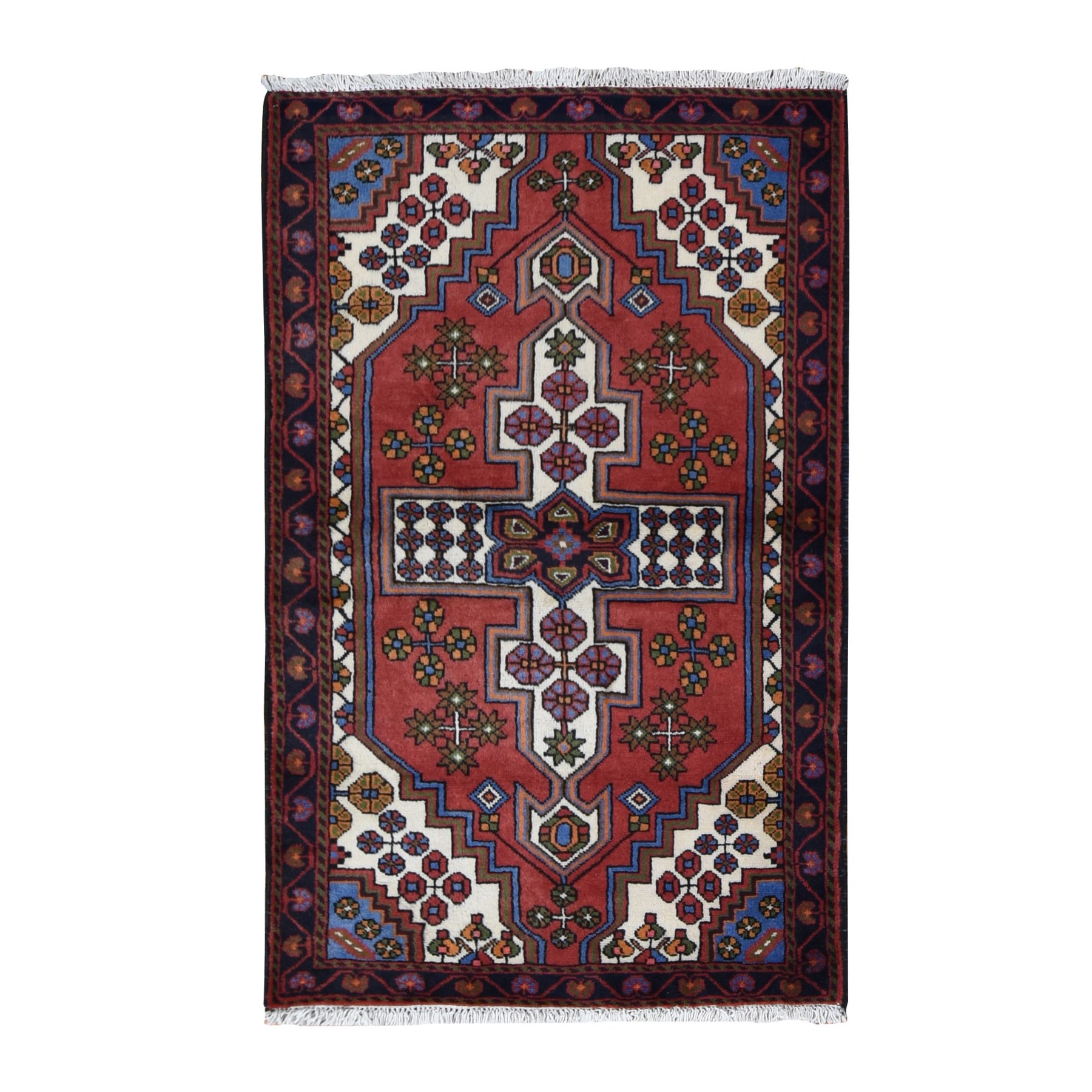 3'5"x5'3" Cardinals Red, New Persian Hamadan, Pure Wool, Hand Woven, Oriental Rug 
