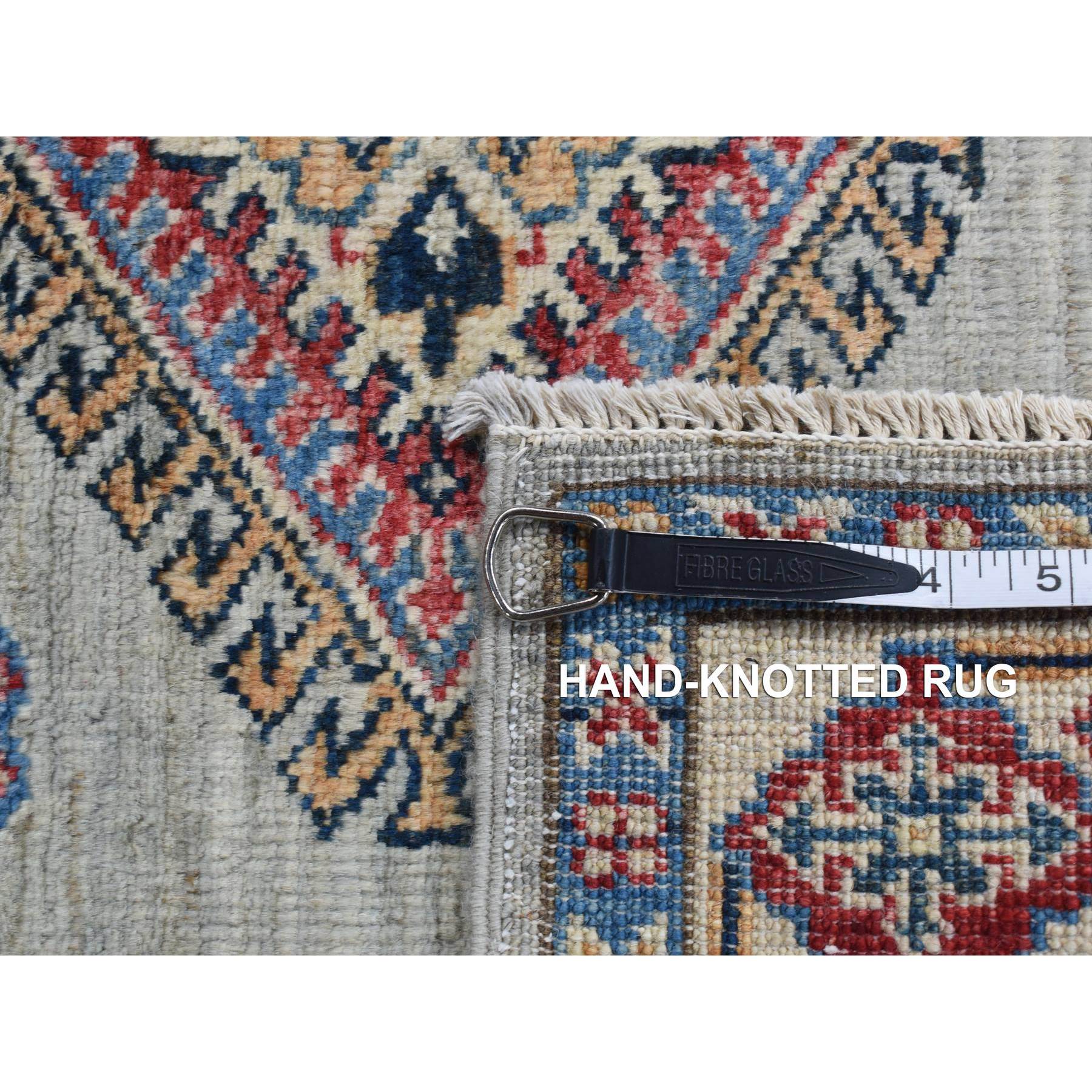 2'9"x8'7" Coin Gray, Pure Wool, Afghan Super Kazak with Geometric Medallion Design, Hand Woven, Runner, Oriental Rug 
