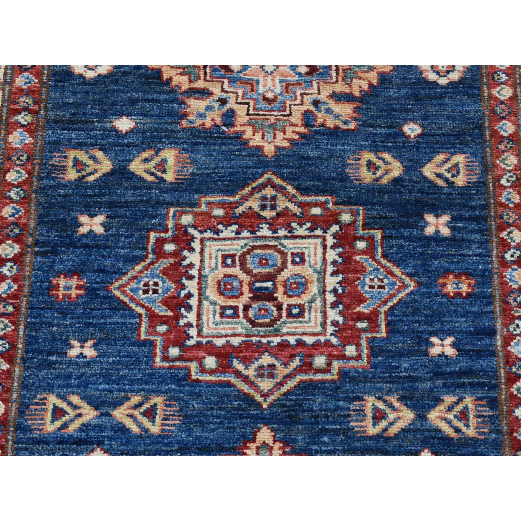 2'9"x8'4" Berry Blue, Hand Woven, Afghan Super Kazak with Tribal Medallion Design, Pure Wool, Runner, Oriental Rug 