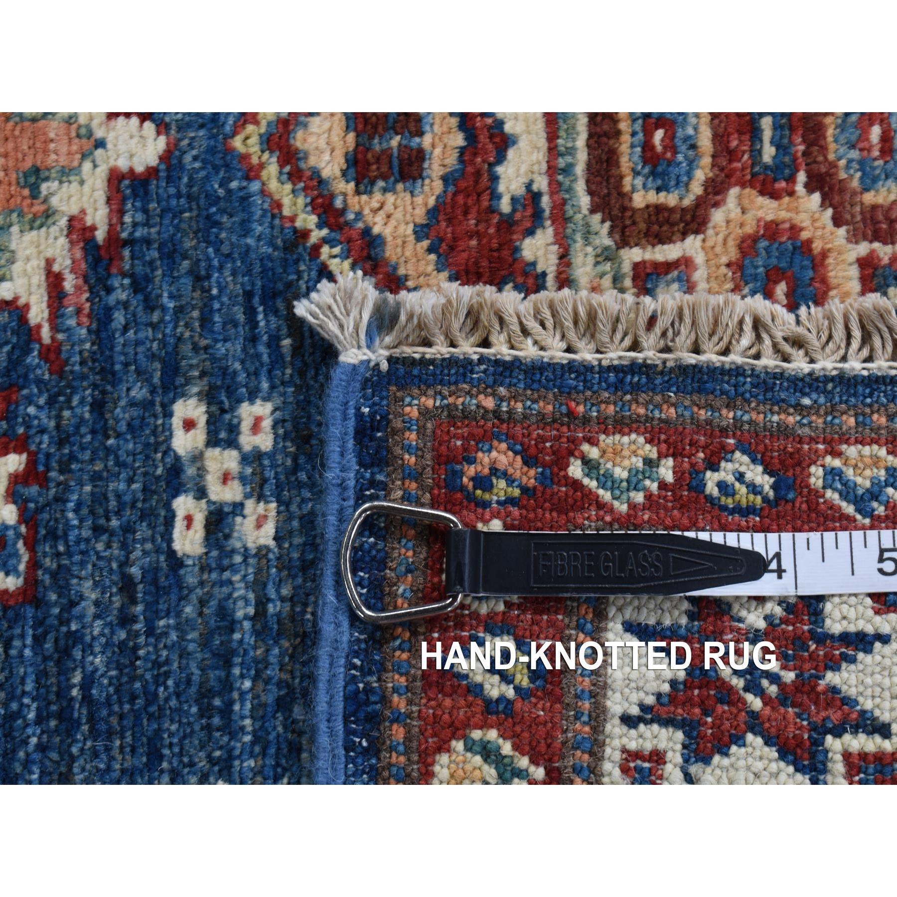 2'9"x8'4" Berry Blue, Hand Woven, Afghan Super Kazak with Tribal Medallion Design, Pure Wool, Runner, Oriental Rug 