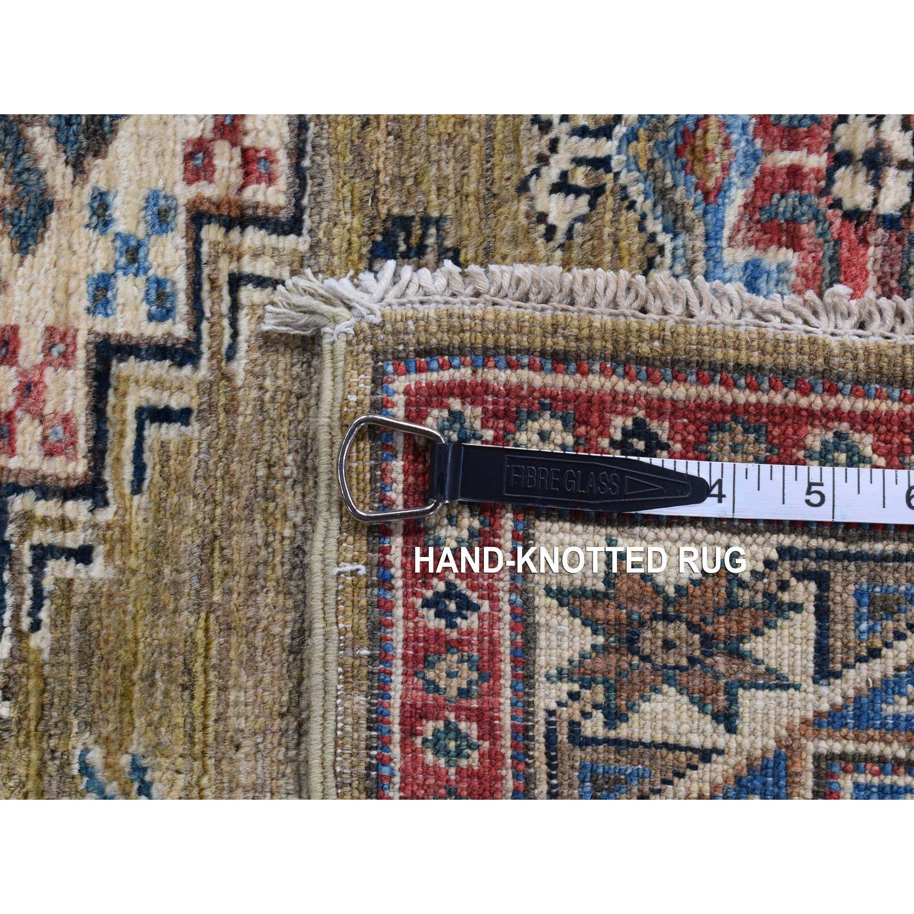 2'9"x7'7" Olive Green, Hand Woven, Afghan Super Kazak with Geometric Medallion Design, Pure Wool, Runner, Oriental Rug 