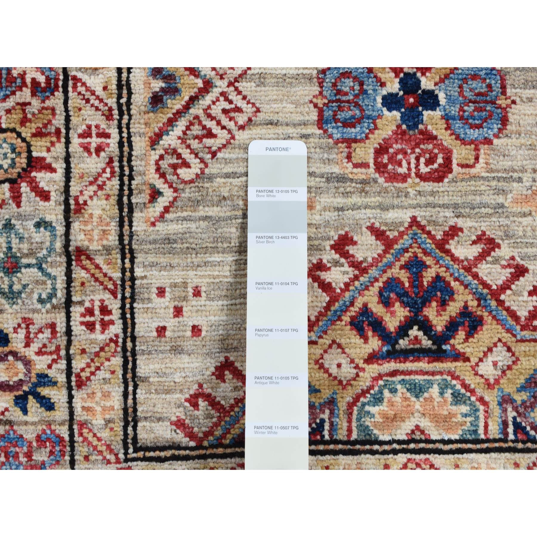 2'8"x8' Bone White, Afghan Super Kazak with Tribal Motif, Hand Woven, Pure Wool, Runner, Oriental Rug 