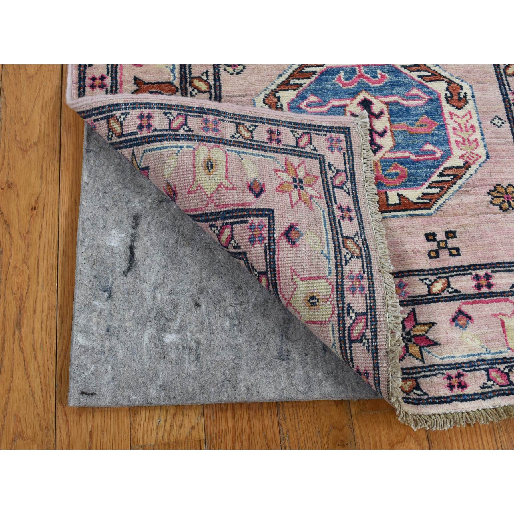 2'8"x8'10" Pastel Pink, Hand Woven, Afghan Super Kazak with Geometric Motif, Pure Wool, Runner, Oriental Rug 