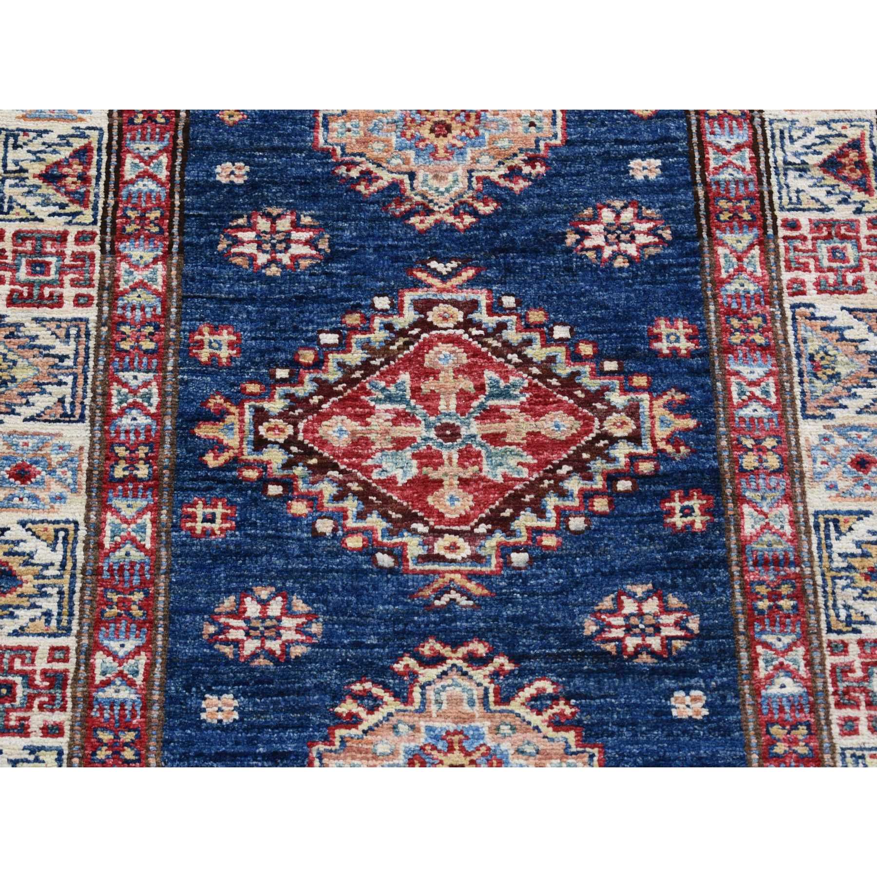 2'8"x8' Berry Blue, Afghan Super Kazak with Geometric Medallion Design, Hand Woven, Pure Wool, Runner, Oriental Rug 
