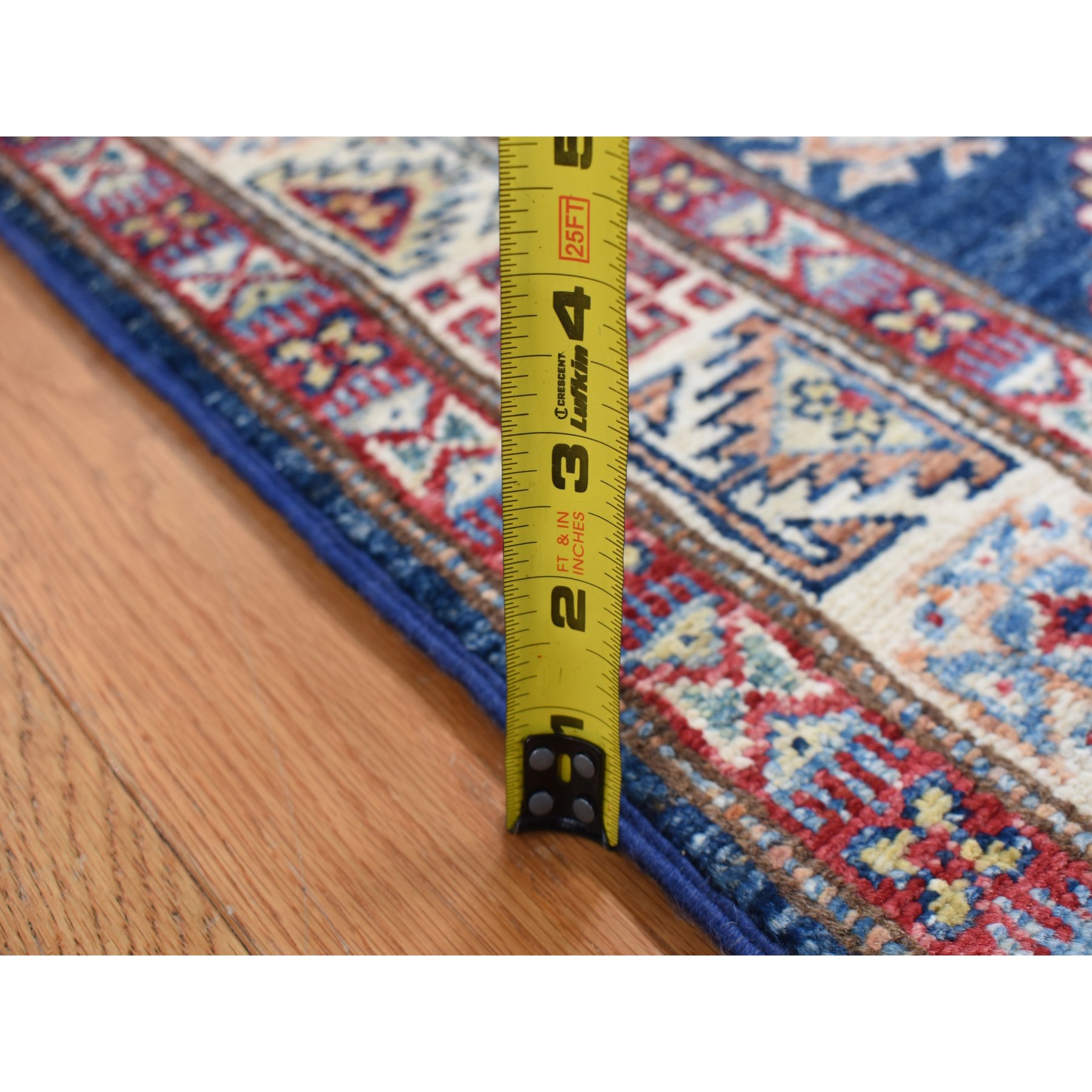 2'8"x8' Berry Blue, Afghan Super Kazak with Geometric Medallion Design, Hand Woven, Pure Wool, Runner, Oriental Rug 