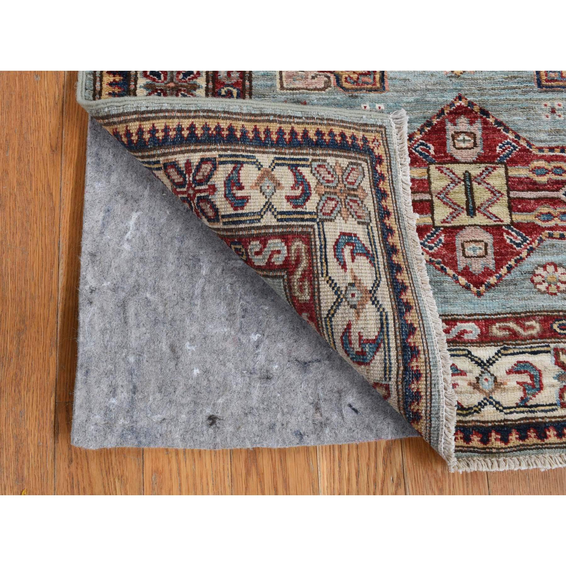 2'8"x8'2" Blue Gray, Hand Woven, Afghan Super Kazak with Geometric Motif, Runner, Pure Wool, Oriental Rug 