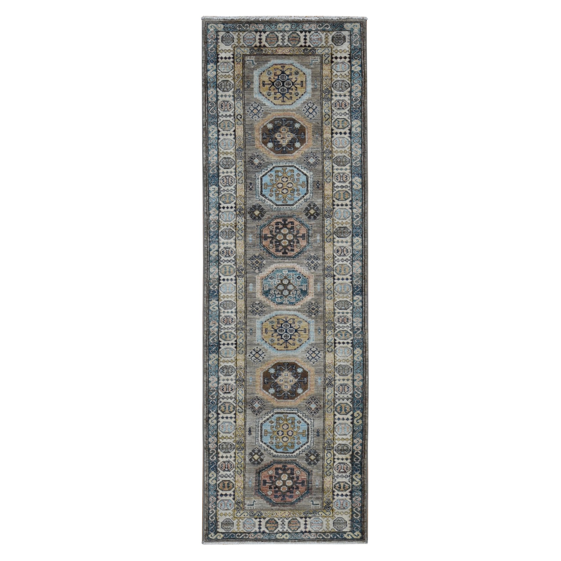 2'8"x8'2" Fossil Gray, Afghan Super Kazak with Tribal Motif, Multiple Border, Hand Woven, Pure Wool, Runner, Oriental Rug 