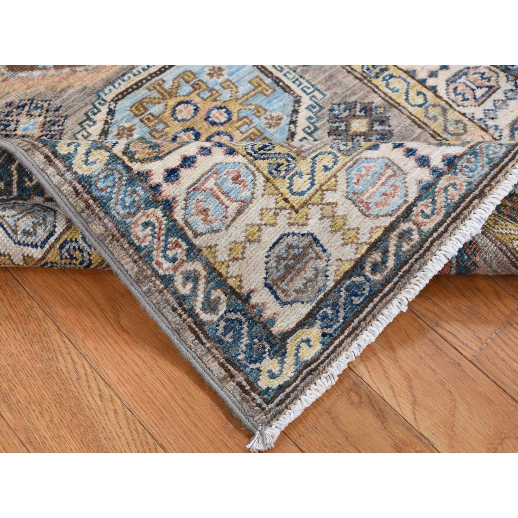 2'8"x8'2" Fossil Gray, Afghan Super Kazak with Tribal Motif, Multiple Border, Hand Woven, Pure Wool, Runner, Oriental Rug 