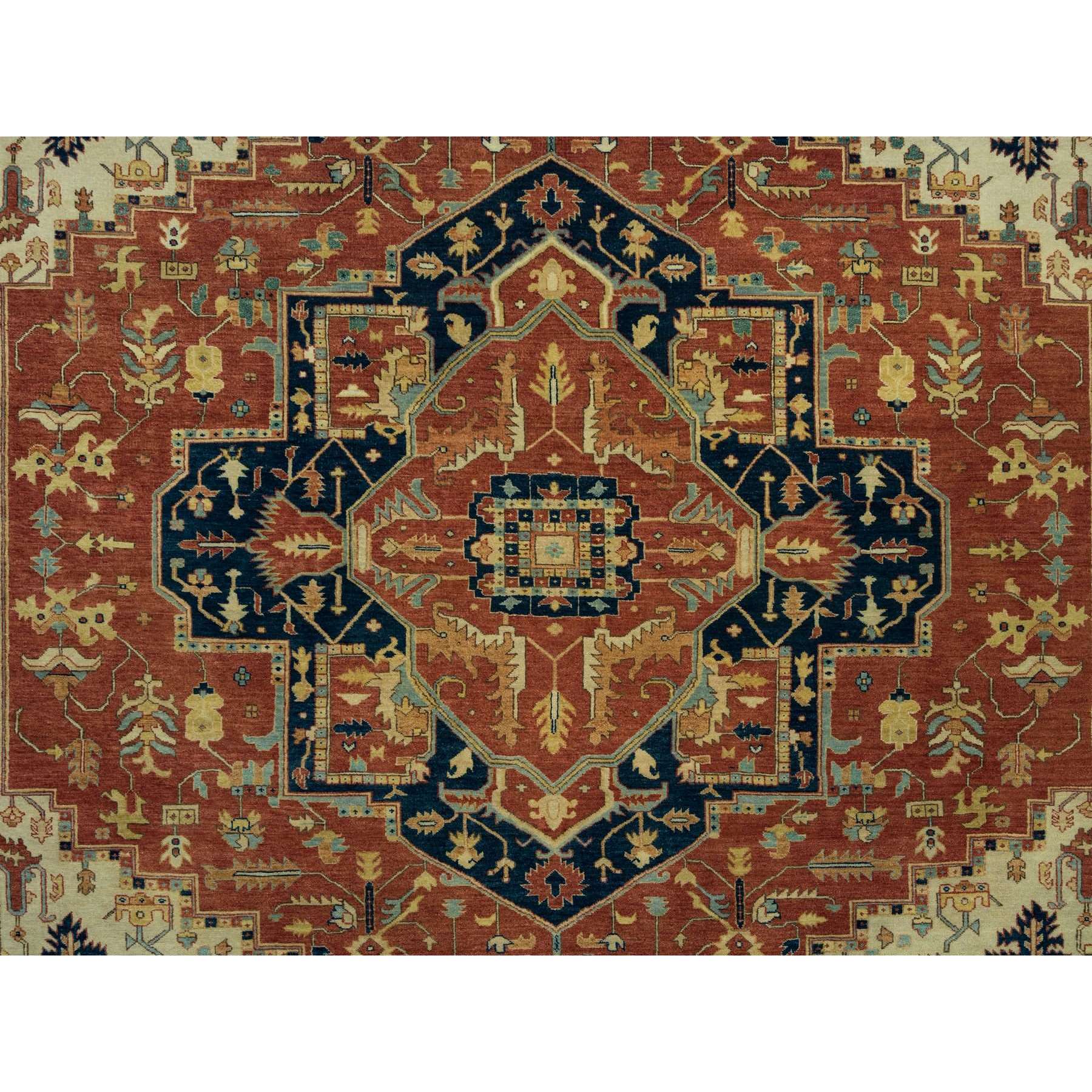 8'x10'1" Sangria Red, Lush Pile, Antiqued Heriz Re-creation with Large Medallions Design, 100% Wool Hand Woven, Oriental Rug 