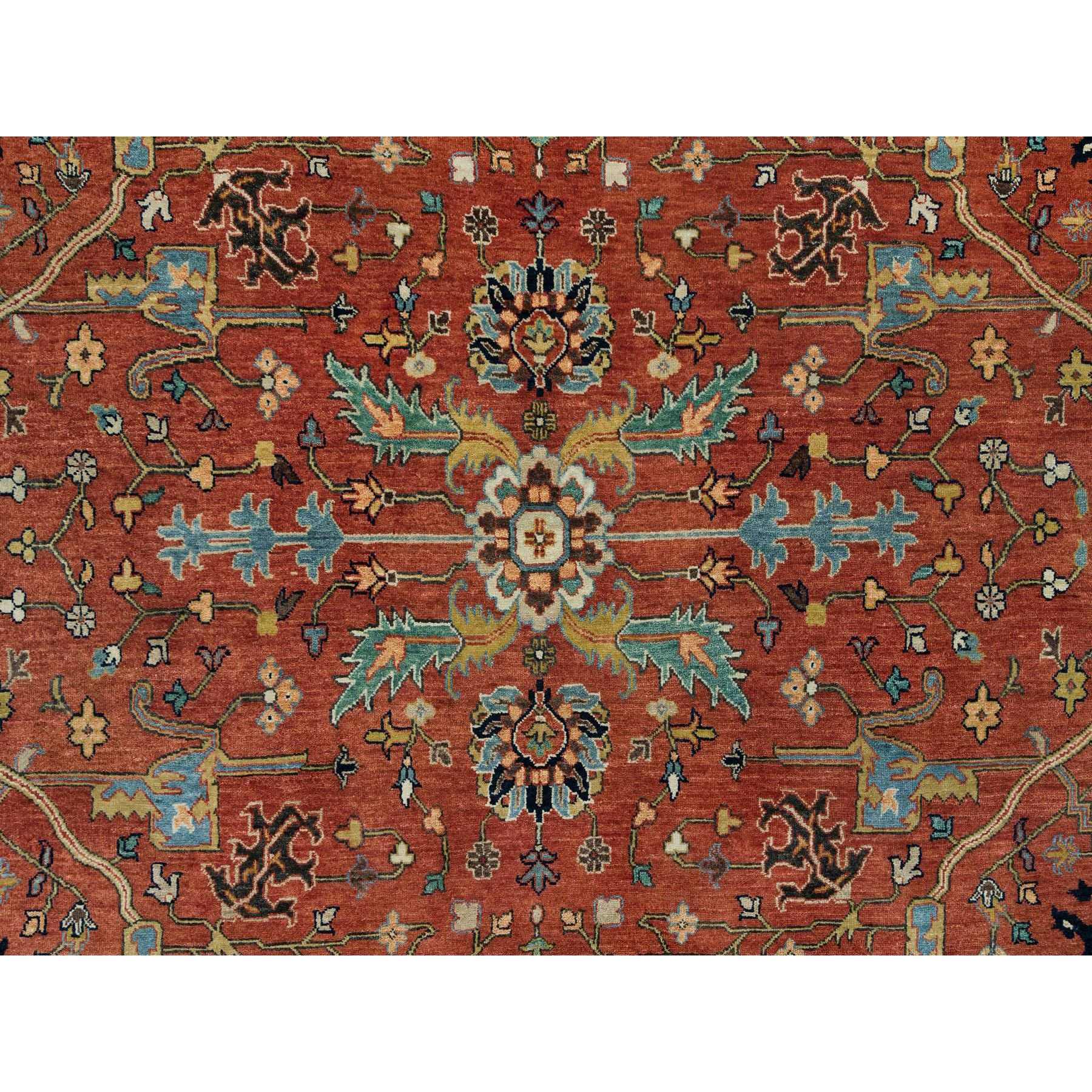 7'8"x10'3" Rust Red, Dense Weave, Antiqued Fine Heriz Re-Creation, Hand Woven, Soft and Plush, Pure Wool, Oriental Rug 