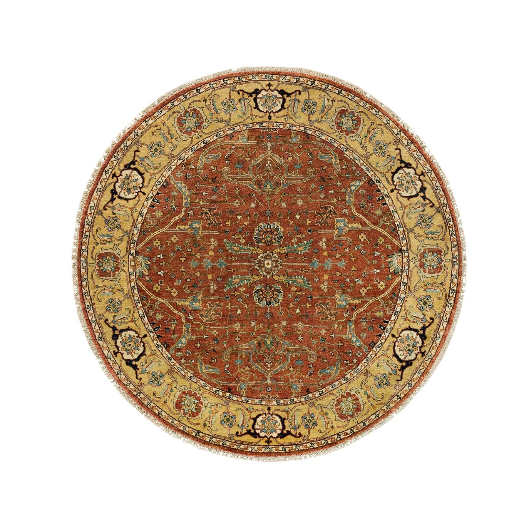 6'x6' Rust Red, Hand Woven, Pure Wool, Vegetable Dyes, Antiqued Fine Heriz Re-Creation, Round Oriental Rug 
