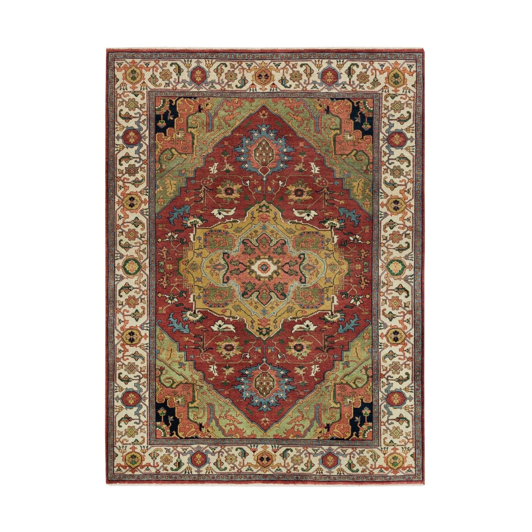 5'1"x7'1" Vermilion Red, Vegetable Dyes, Extra Soft Wool, Dense Weave, Hand Woven, Antiqued Fine Heriz Re-Creation, Oriental Rug 