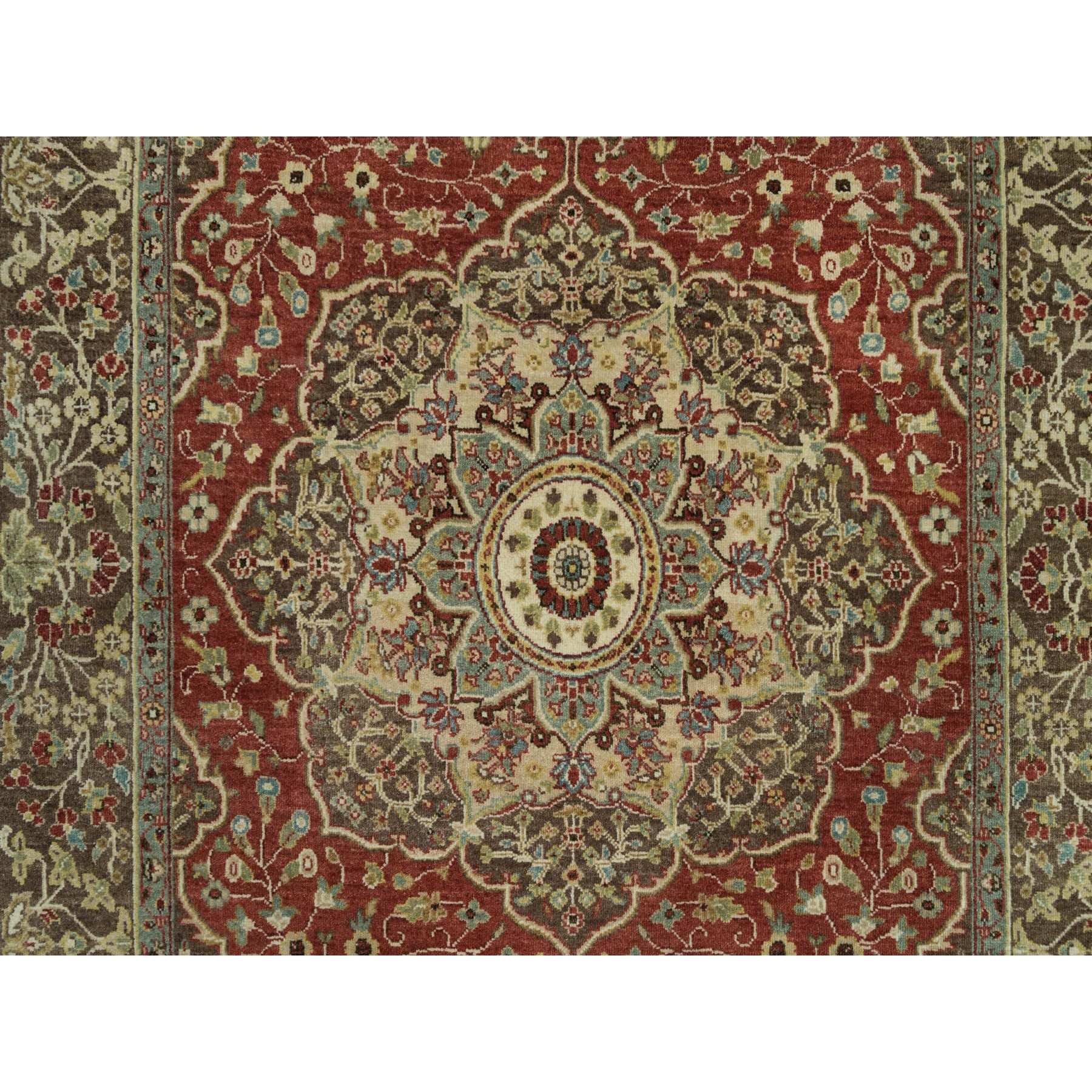 5'x7' Currant Red with Grayish Brown Corners, Soft Pile, Pure Wool Hand Woven, Antiqued Tabriz Haji Jalili Design, Natural Dyes, Dense Weave, Oriental Rug 