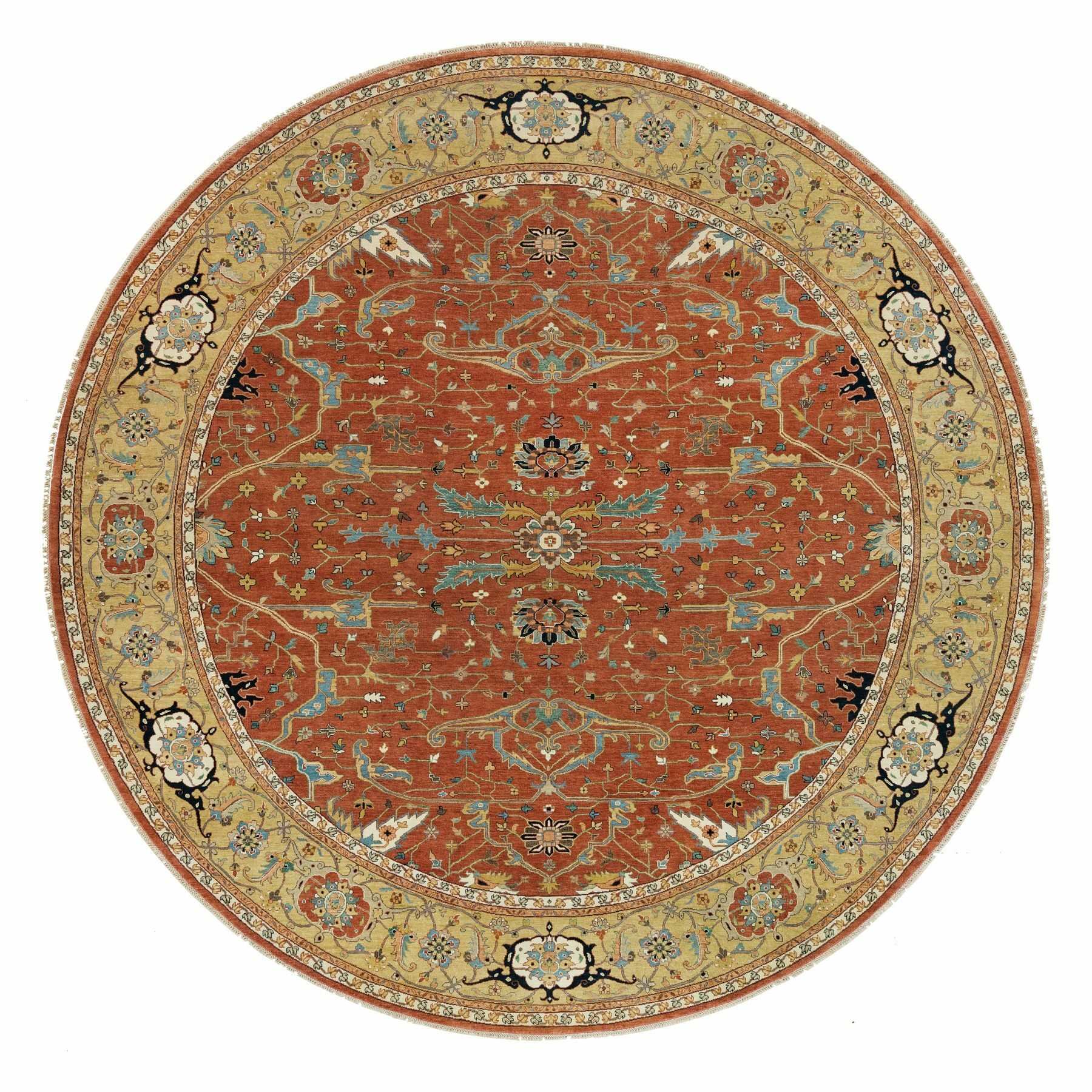 12'x12' Blush Red, Soft Pile, Natural Dyes, Antiqued Fine Heriz Re-Creation, Densely Woven, Extra Soft Wool, Hand Woven, Round Oriental Rug 