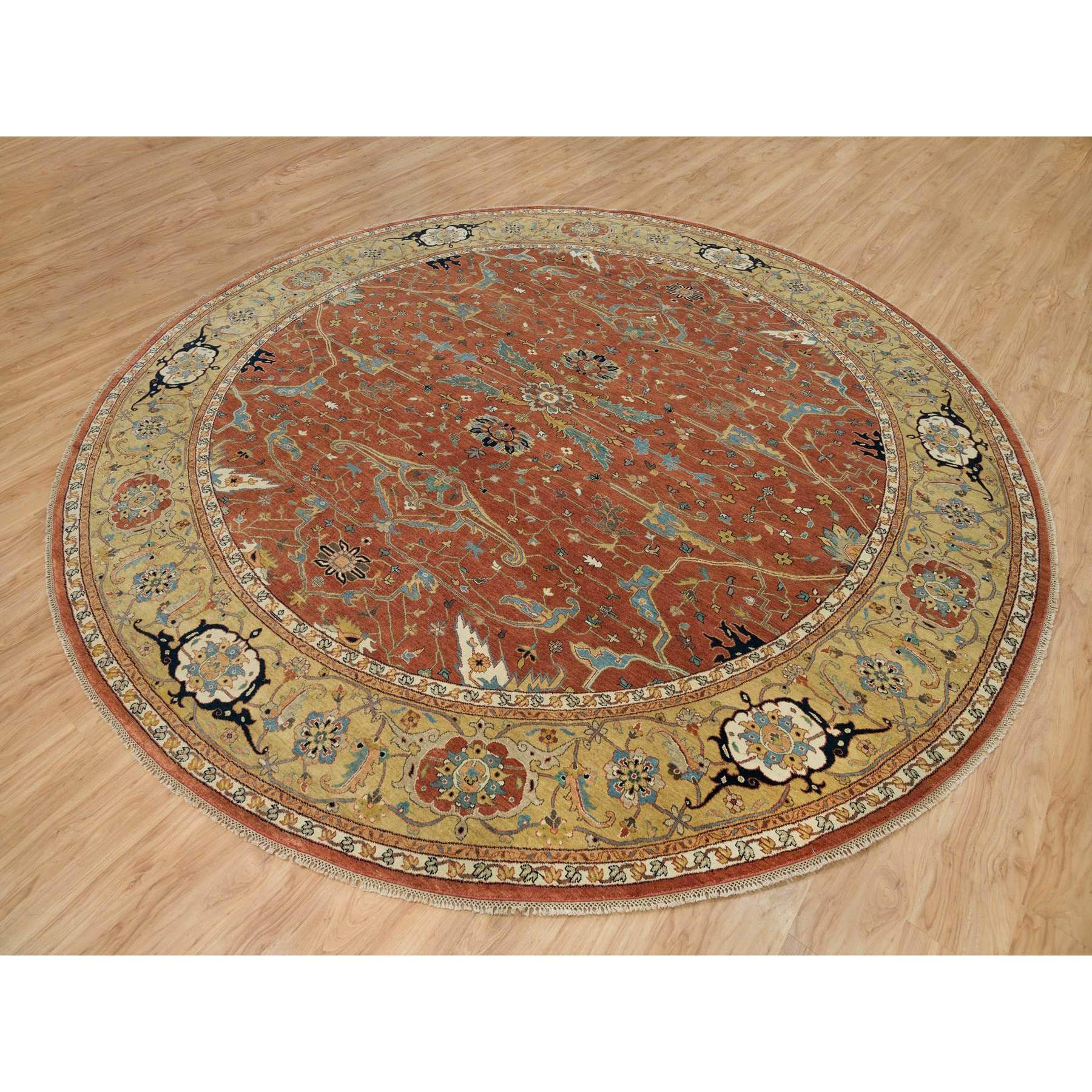 12'x12' Blush Red, Soft Pile, Natural Dyes, Antiqued Fine Heriz Re-Creation, Densely Woven, Extra Soft Wool, Hand Woven, Round Oriental Rug 