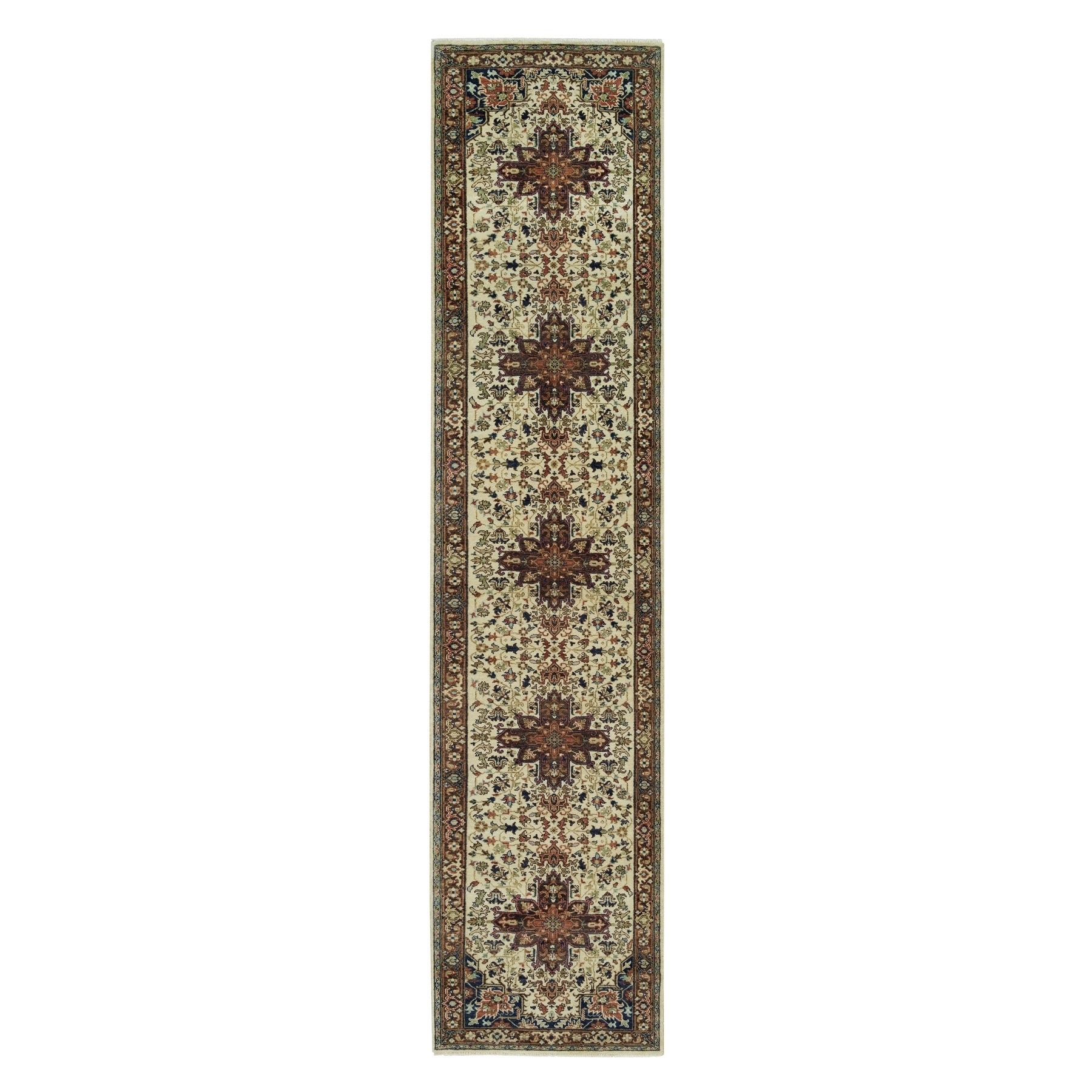 2'8"x12'3" Cosmic Latte Beige, Vegetable Dyes, Antiqued Heriz Re-Creation with Geometric Medallions, Extra Soft Wool, Soft and Lush Pile, Hand Woven, Runner Oriental Rug 