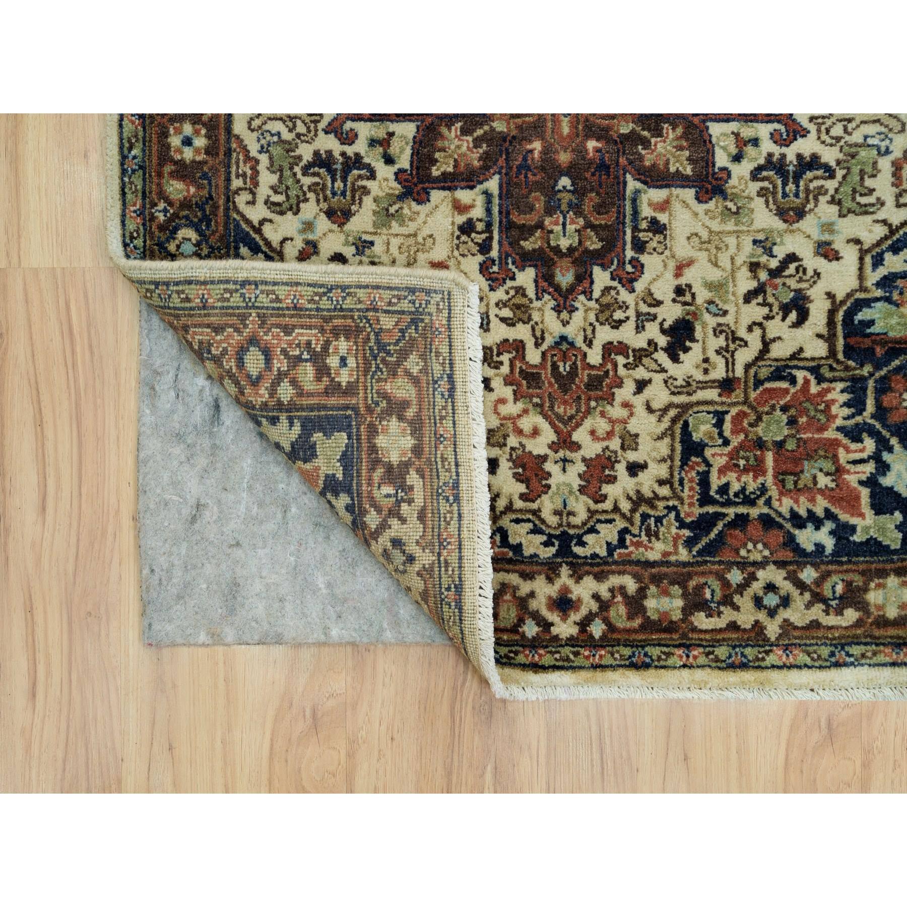 2'6"x12'3" Chiffon Beige, Antiqued Heriz Re-Creation with Geometric Medallions, Vegetable Dyes, Natural Wool, Soft Pile, Hand Woven Runner Oriental Rug 