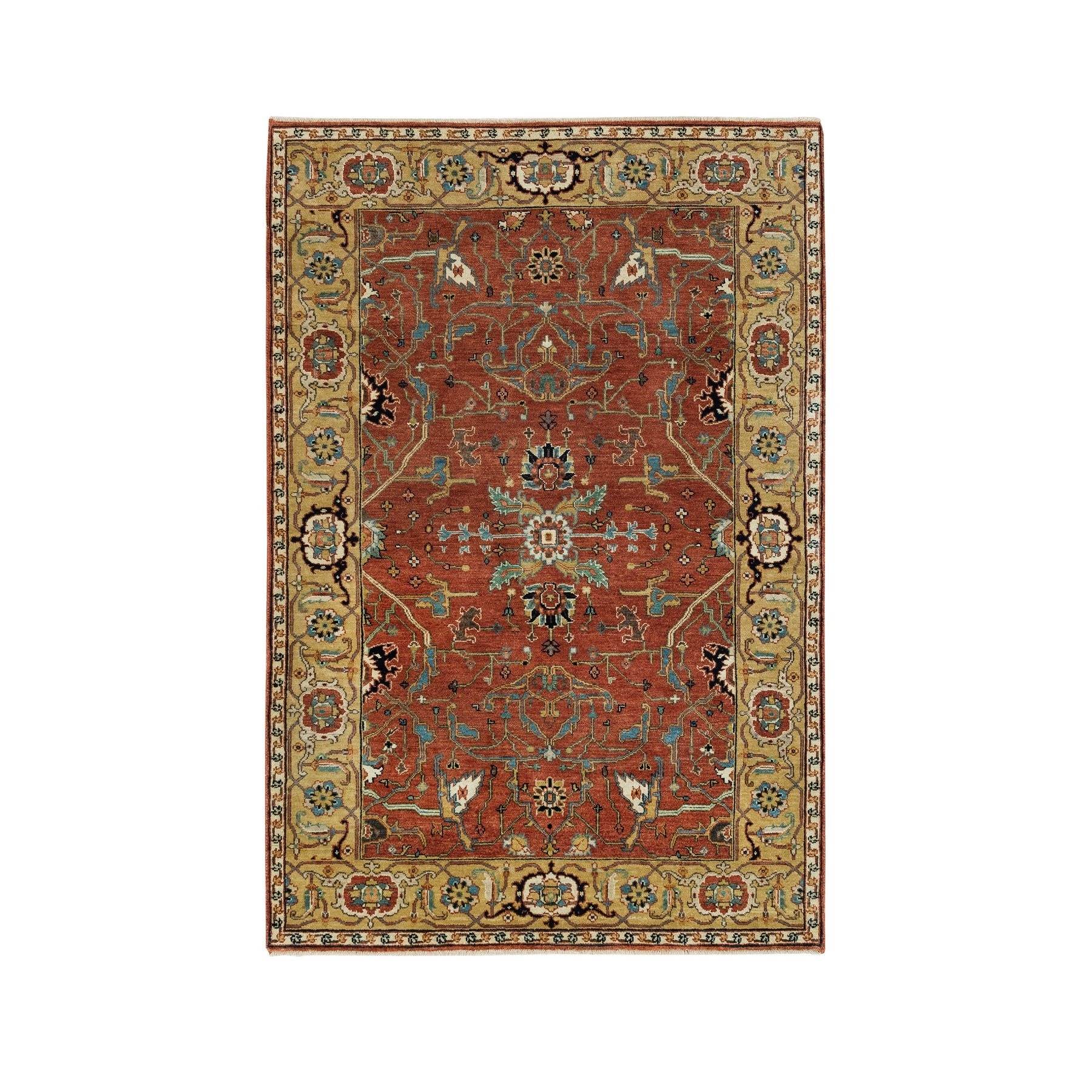 4'x6'1" Rufous Red, Antiqued Fine Heriz Re-Creation, Dense Weave, Soft and Lush, Natural Dyes, Soft Wool, Hand Woven, Oriental Rug 