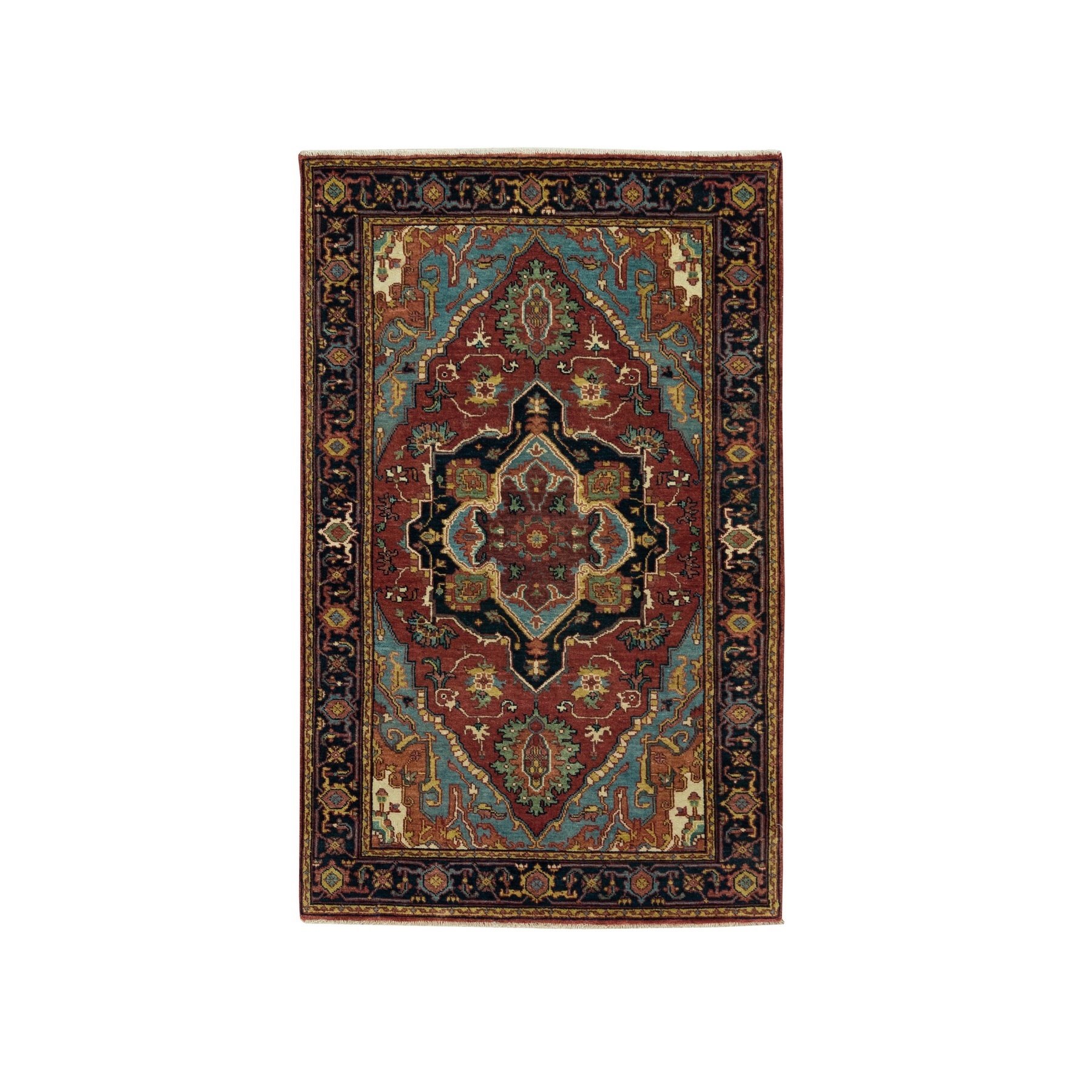 3'1"x5'3" Falu Red with Yankees Blue, Pure Wool, Hand Woven, Antiqued Fine Heriz Re-Creation, Densely Woven Natural Dyes, Soft and Lush, Oriental Rug 