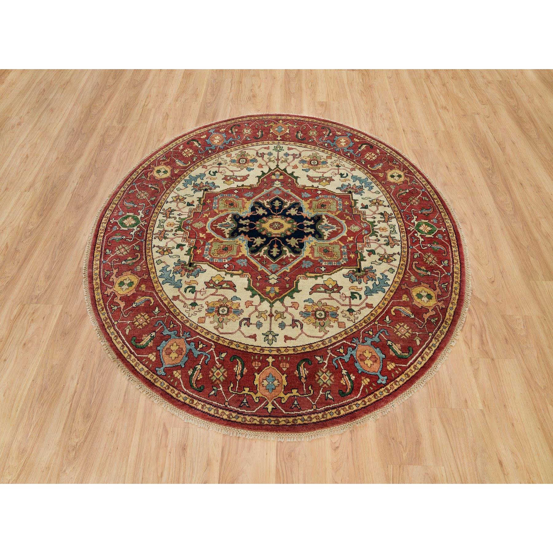 6'x6' Abbey White and Prune Red, Dense Weave, Lush Pile, Vegetable Dyes, Antiqued Fine Hand Woven Heriz Re-Creation, Round Oriental Rug 